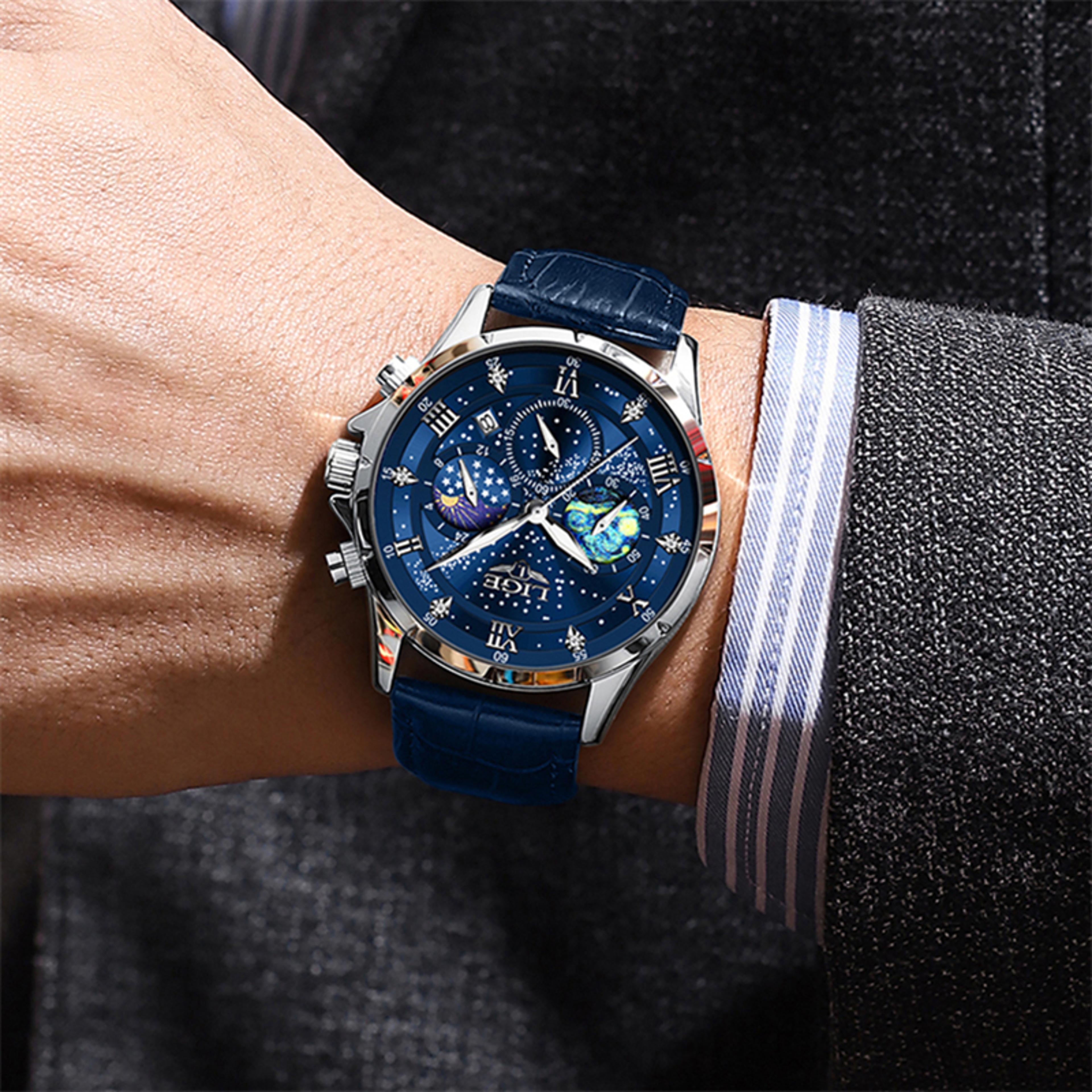 Classic Blue Leather Chronograph Watch For Men Waterproof Quartz Business Wristwatch 4