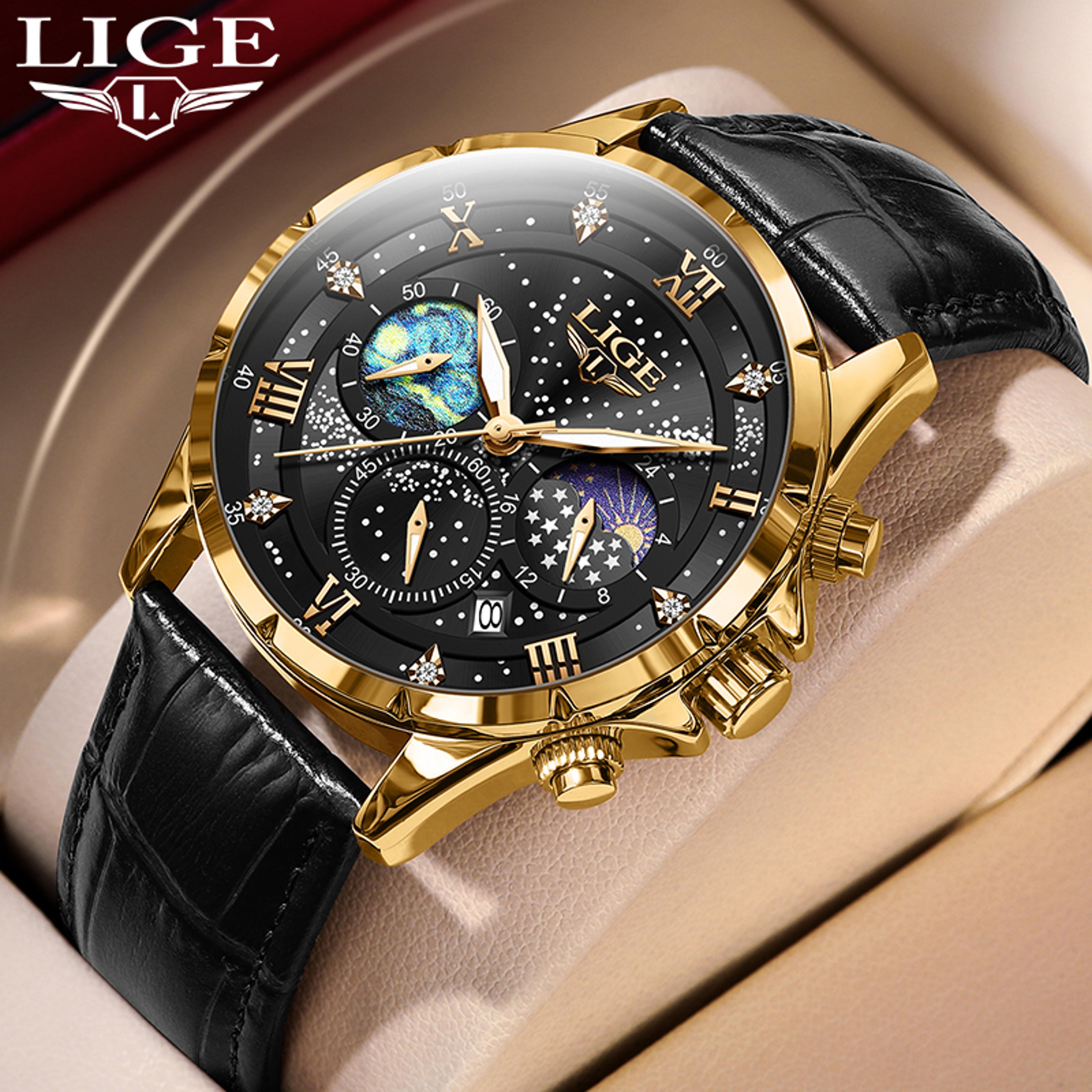 Classic Blue Leather Chronograph Watch For Men Waterproof Quartz Business Wristwatch 11
