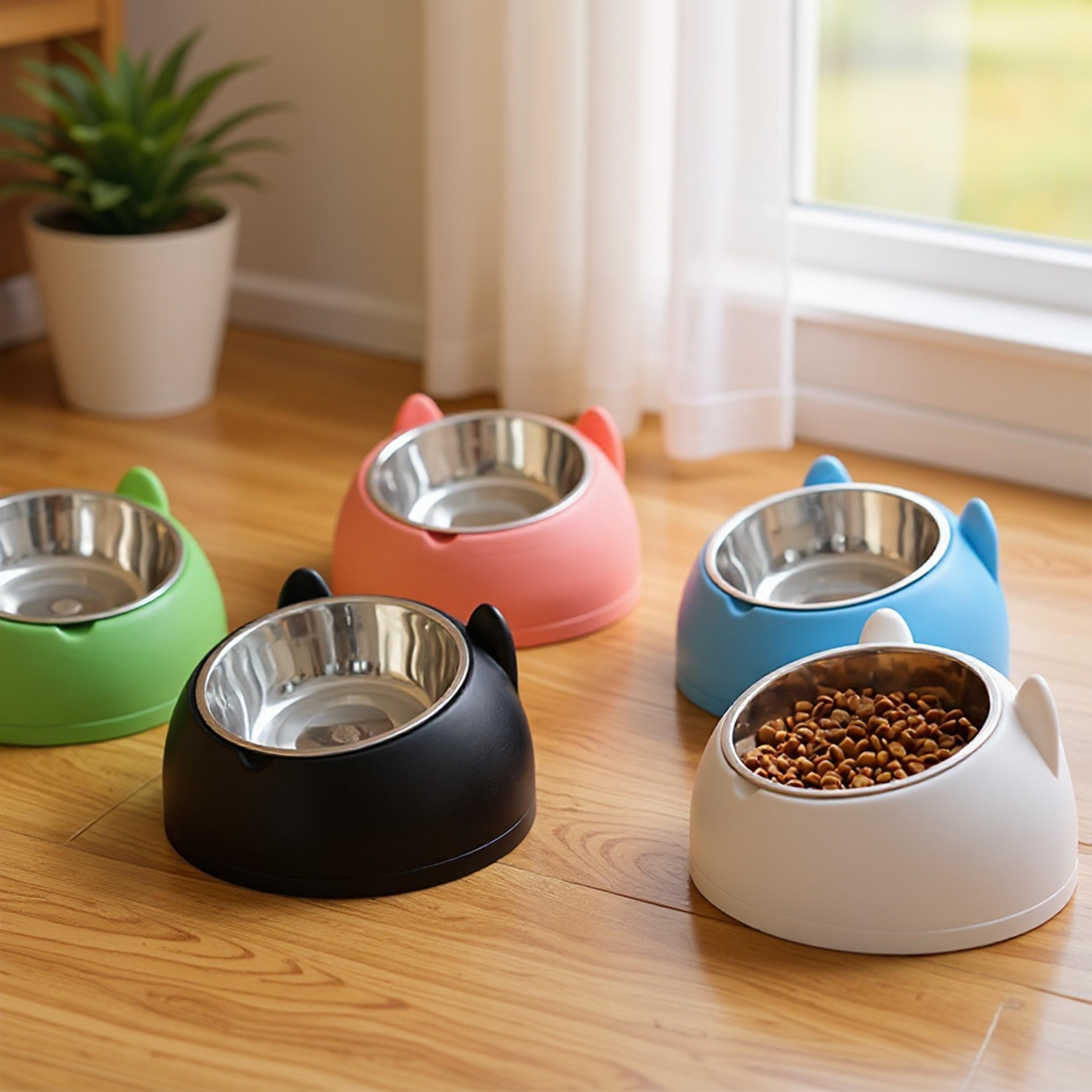 elevated stainless steel cat bowl & inclined neck protection stand