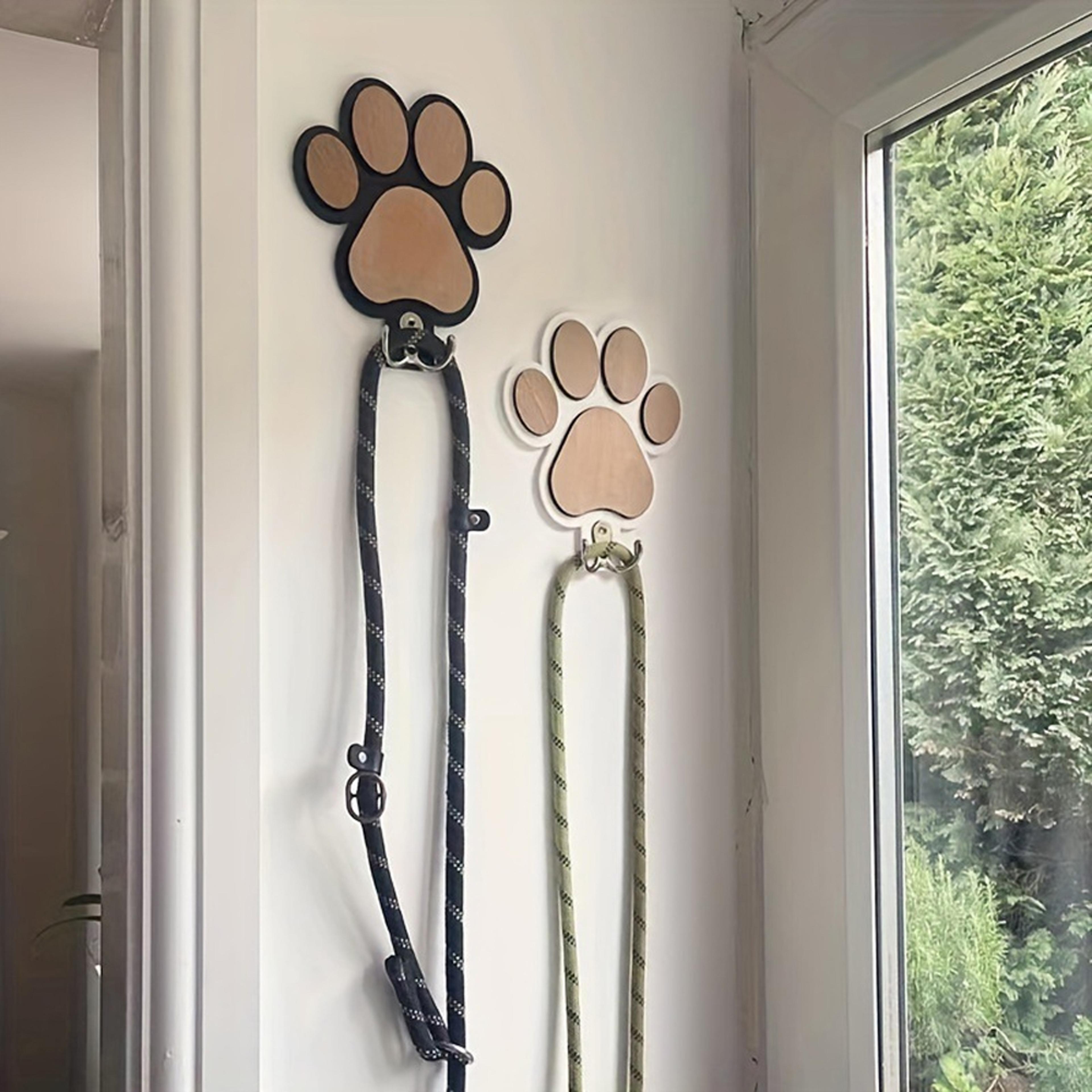 paw print wooden dog leash holder wall hook for collars coats and pet accessories