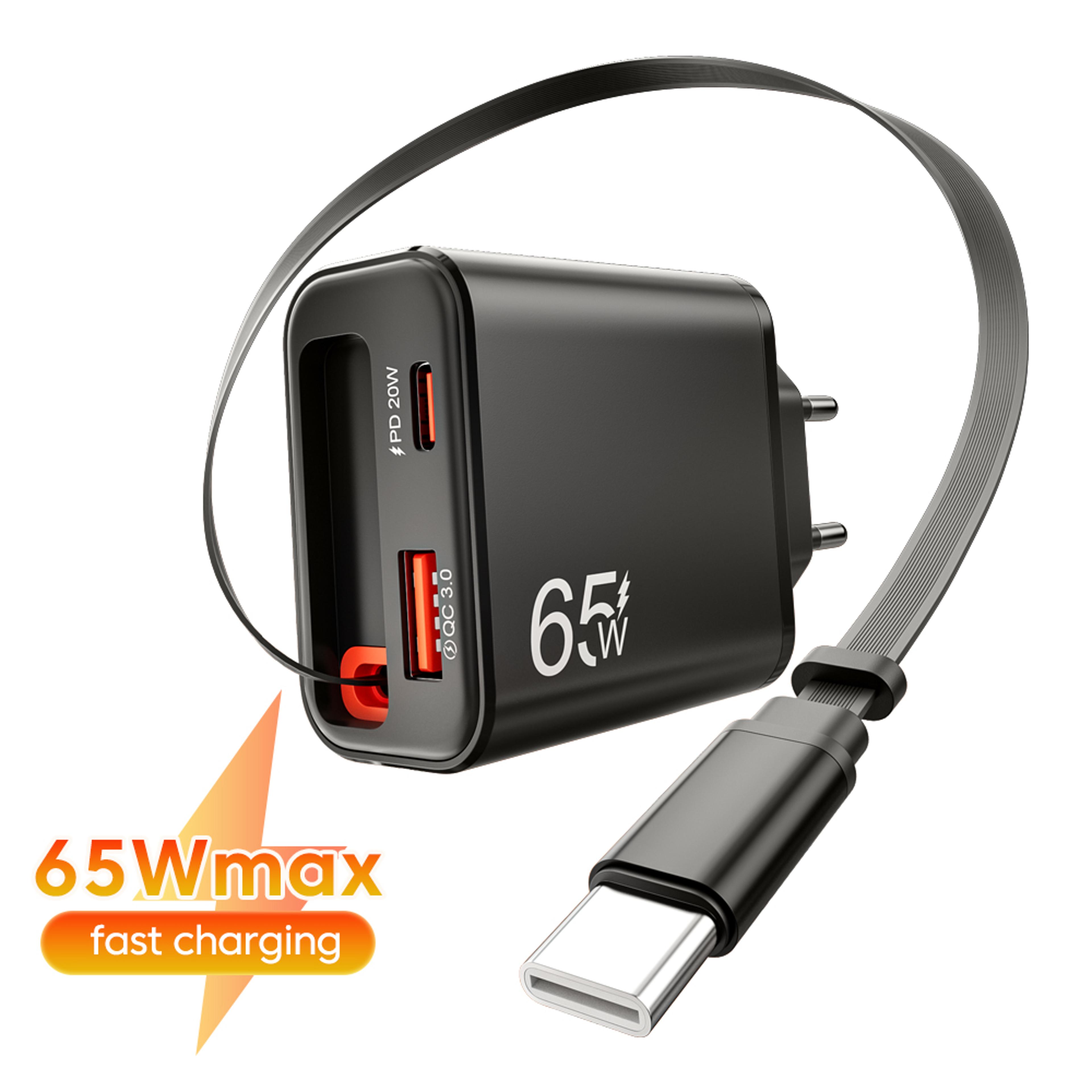 usb c travel charger with retractable usb c cable and quick charge