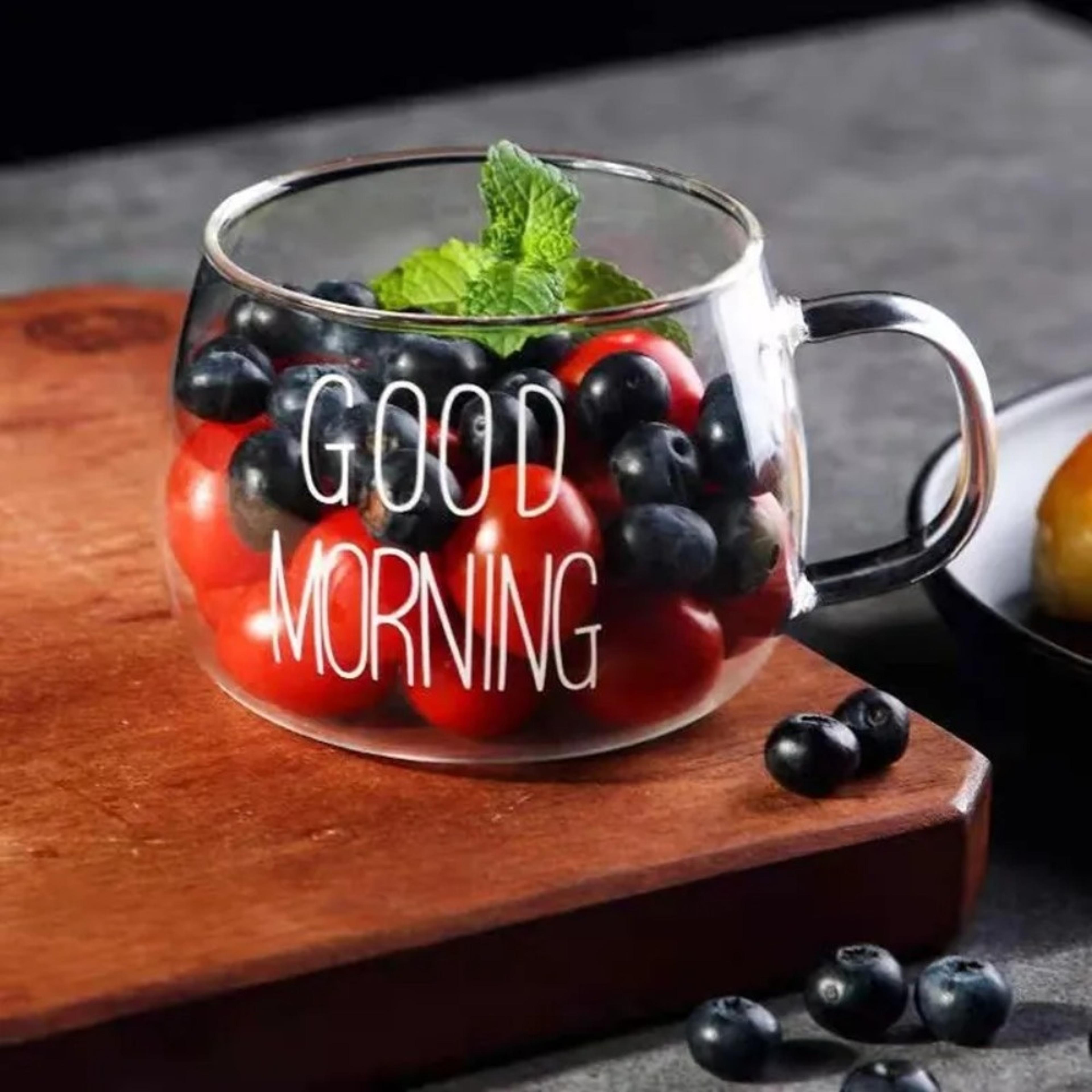 glass coffee mug with handle and letter print