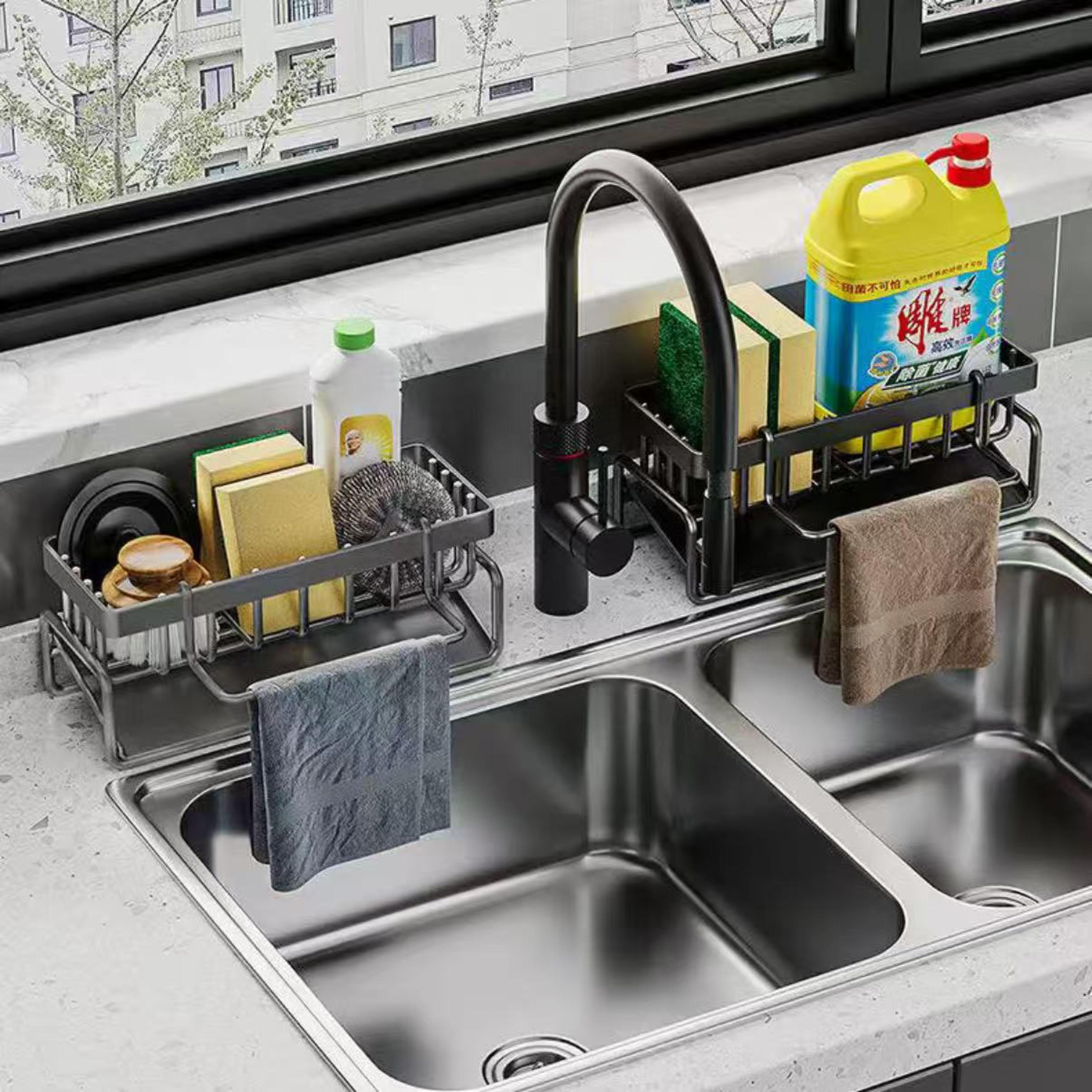 ABS Kitchen Sink Drain Rack Sponge Holder Soap Drainer And Towel Organizer 1