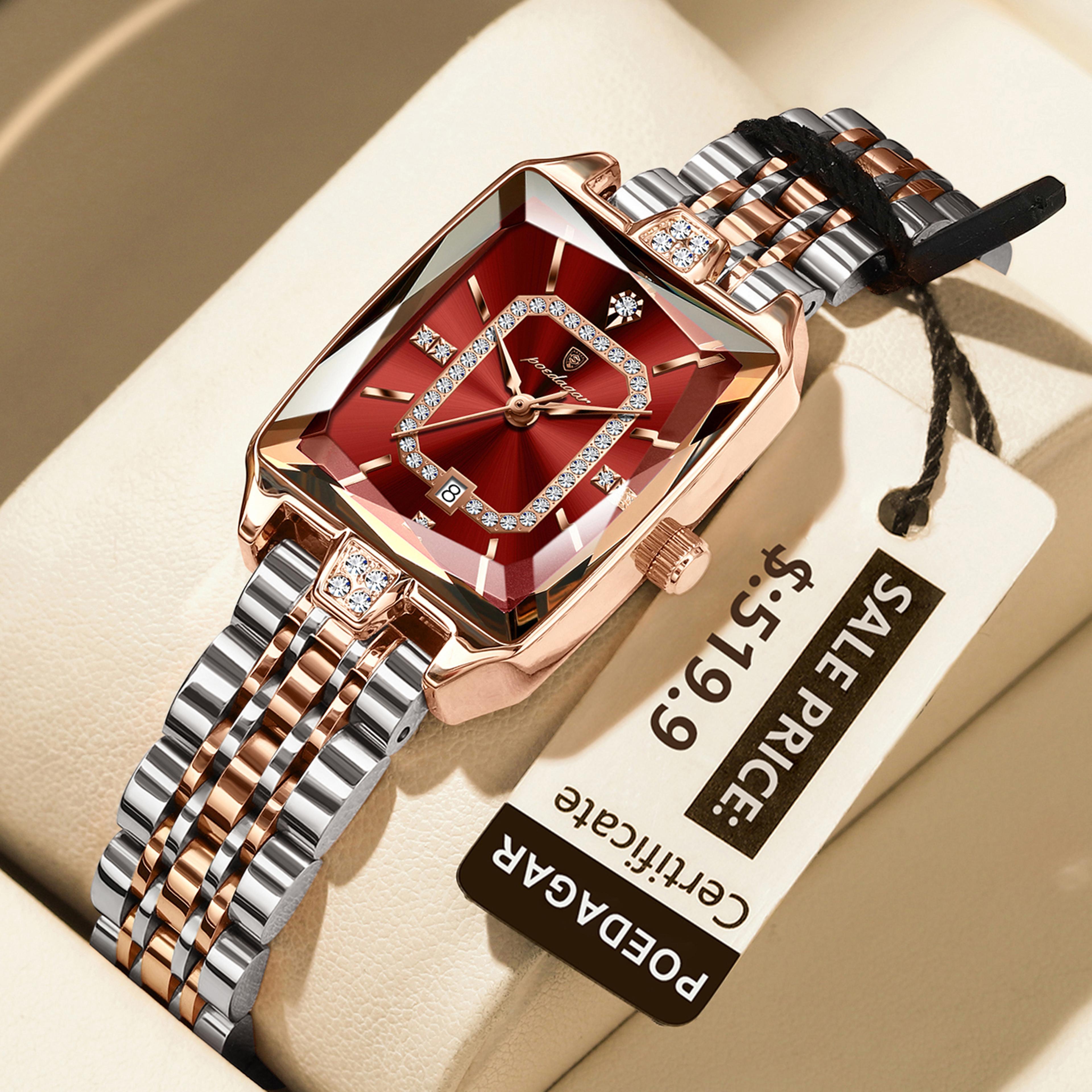 women rectangle stainless steel quartz watch with calendar and 3 bar water resistance