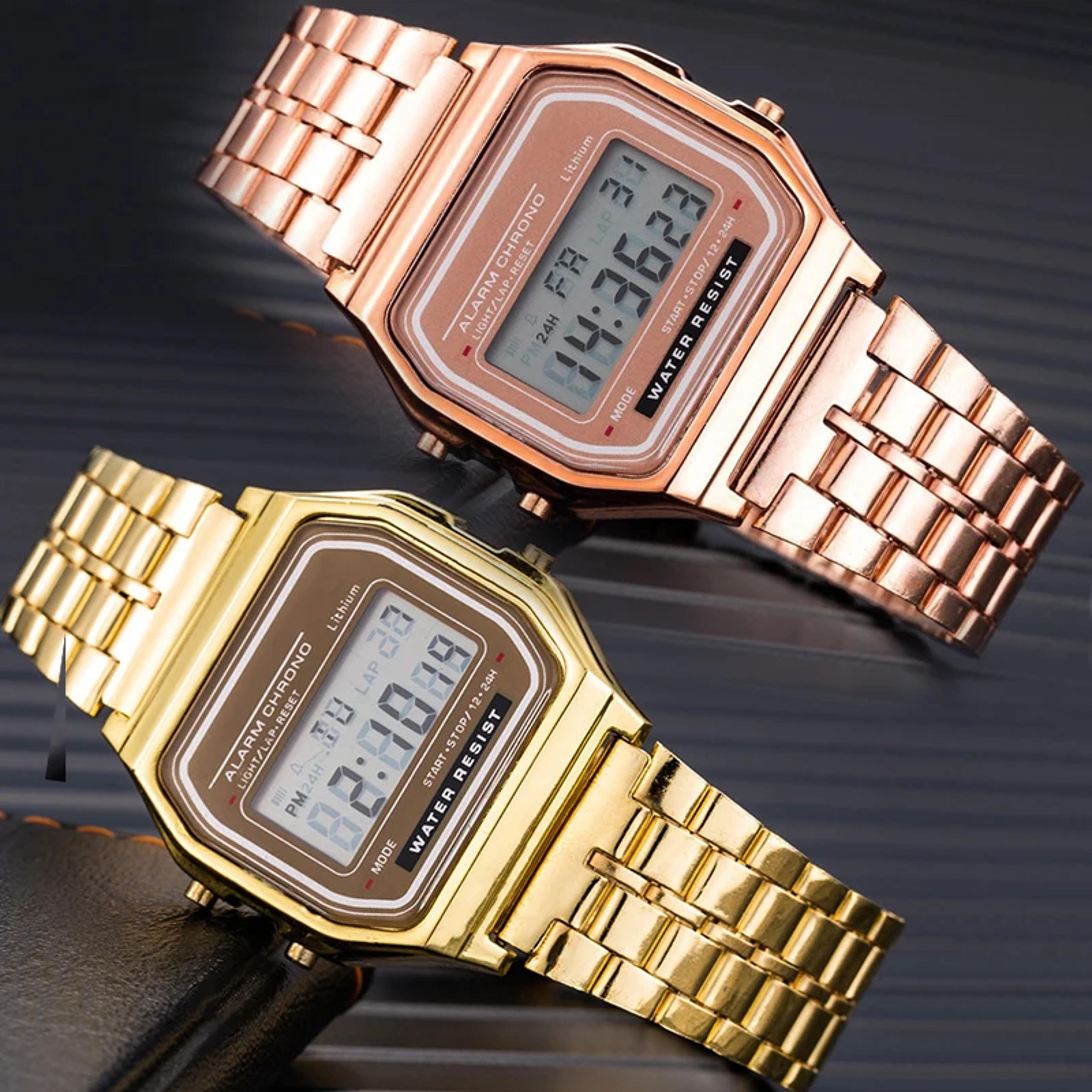 retro digital watch with led display and steel band