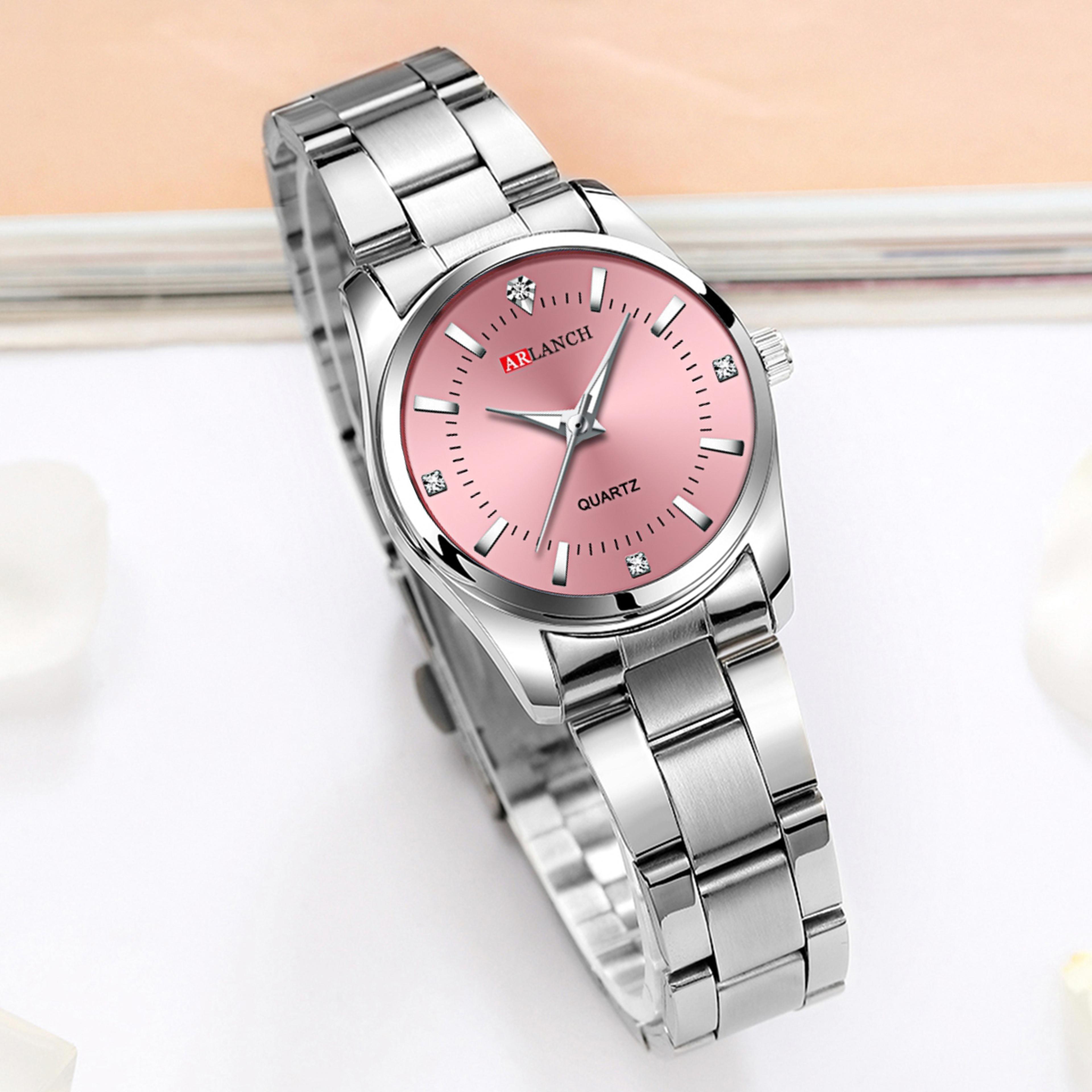 women's quartz watch with stainless steel band and rhinestone pink dial