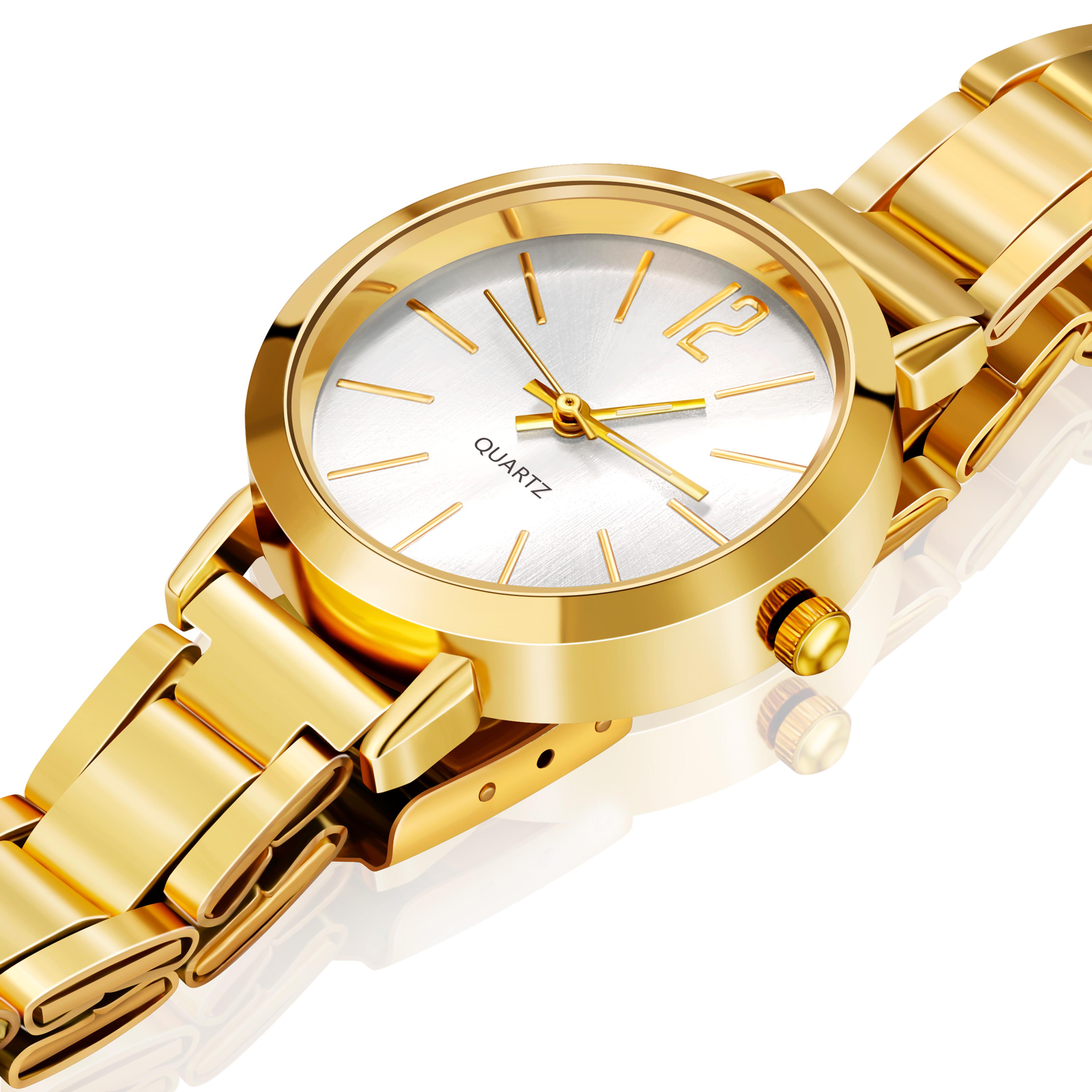 gold tone quartz watch for women with round numberless dial and stainless steel band