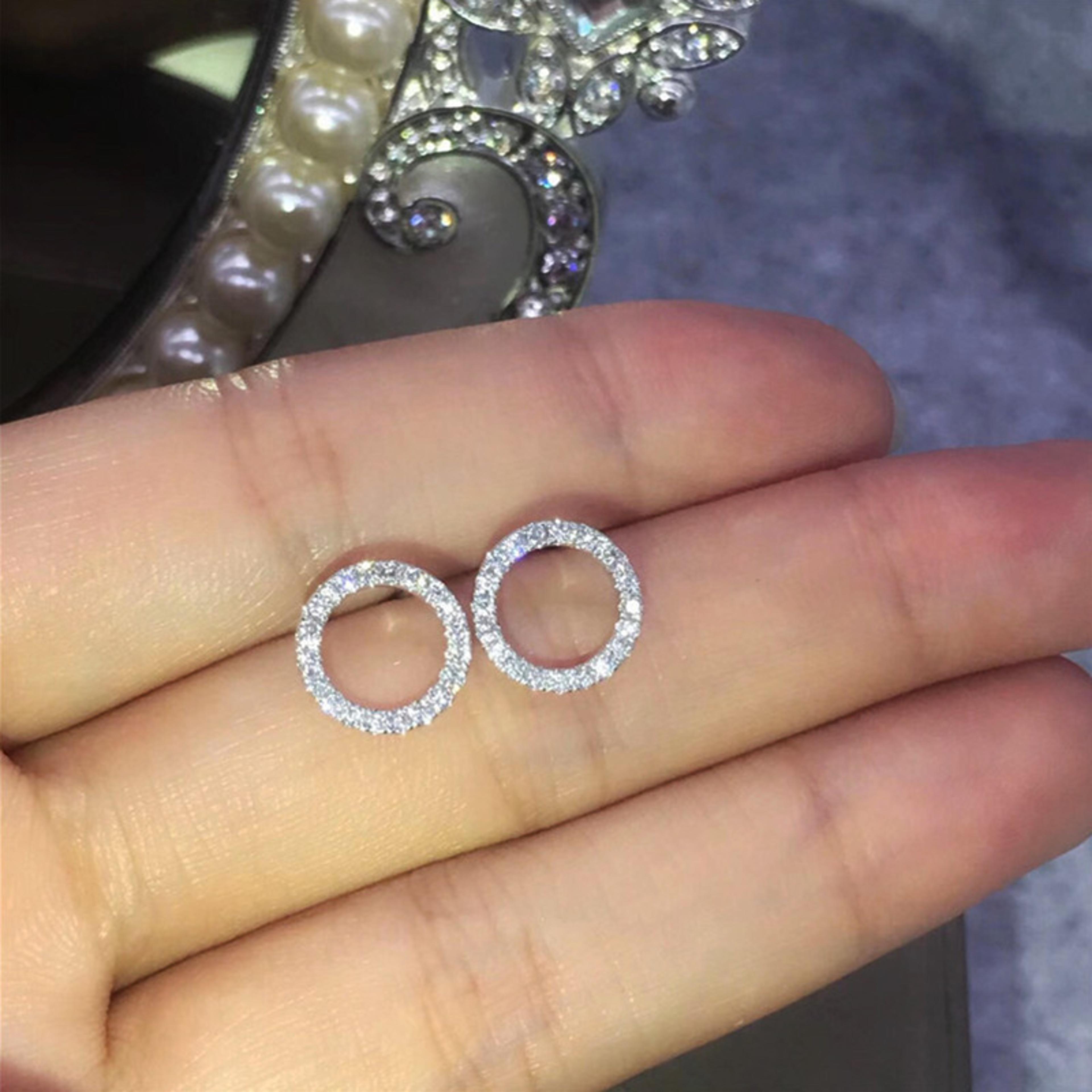 crystal cubic zirconia circle stud earrings with geometric design