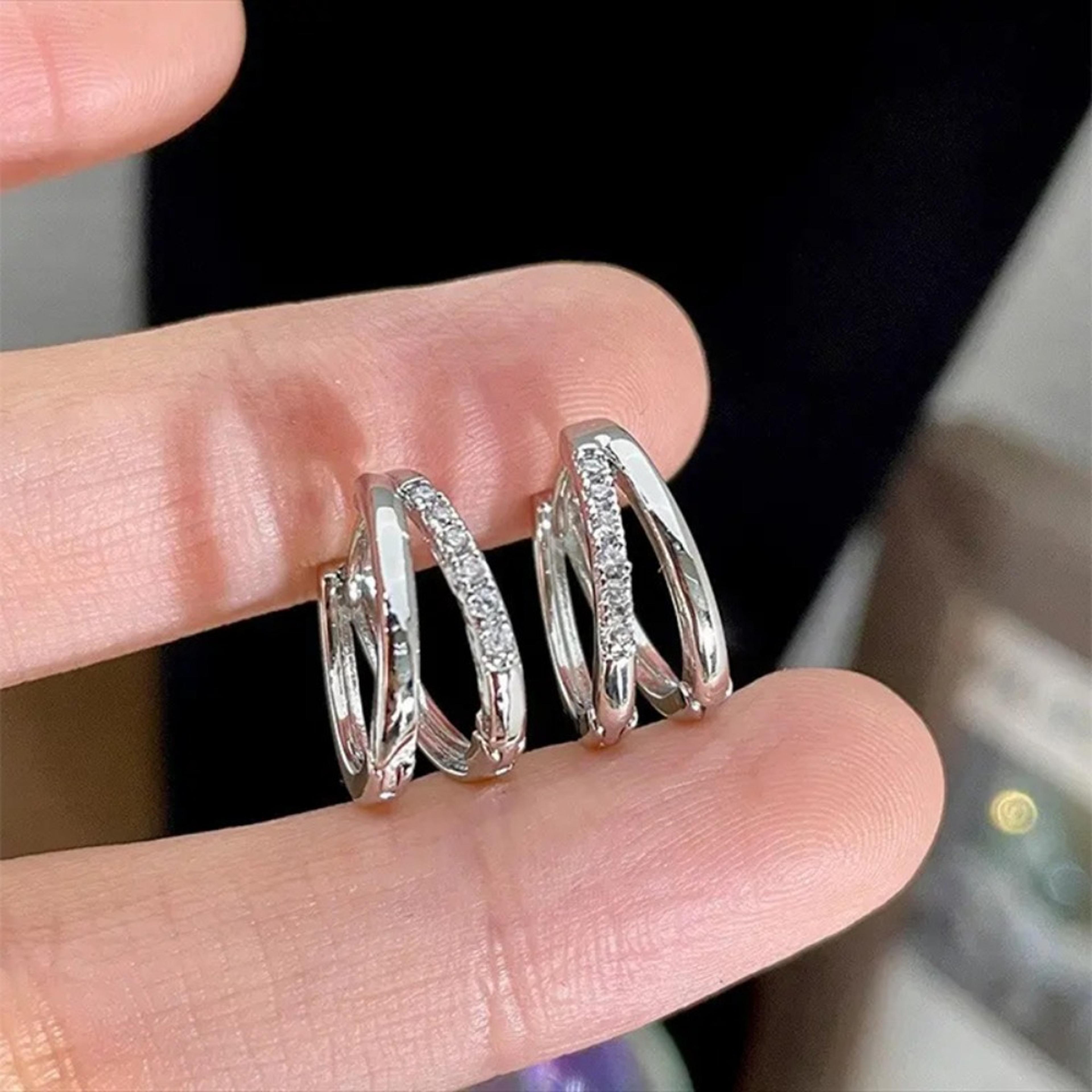 double circle cubic zirconia stainless steel hoop earrings