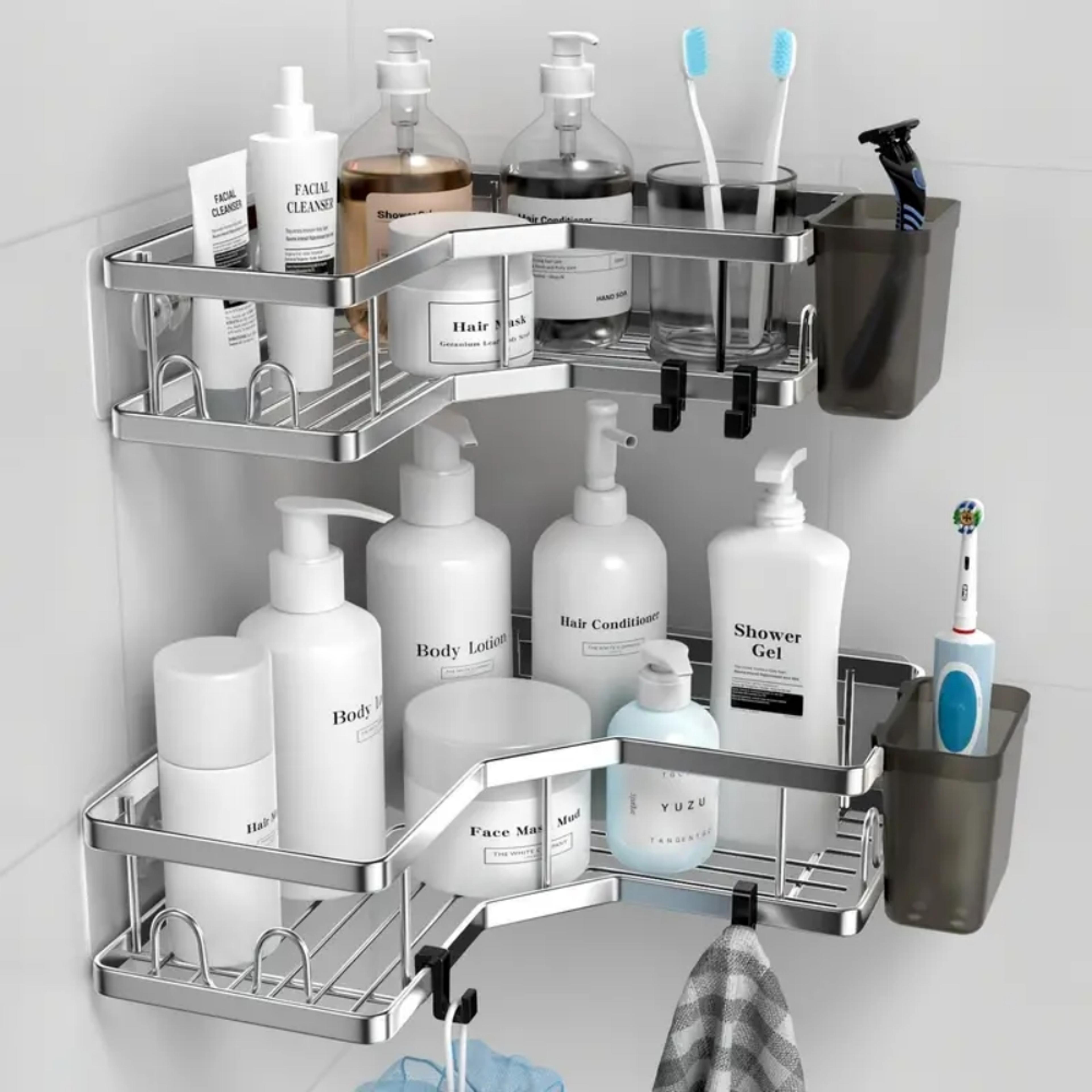 stainless steel dual tier corner bathroom shelf no drill wall mounted storage