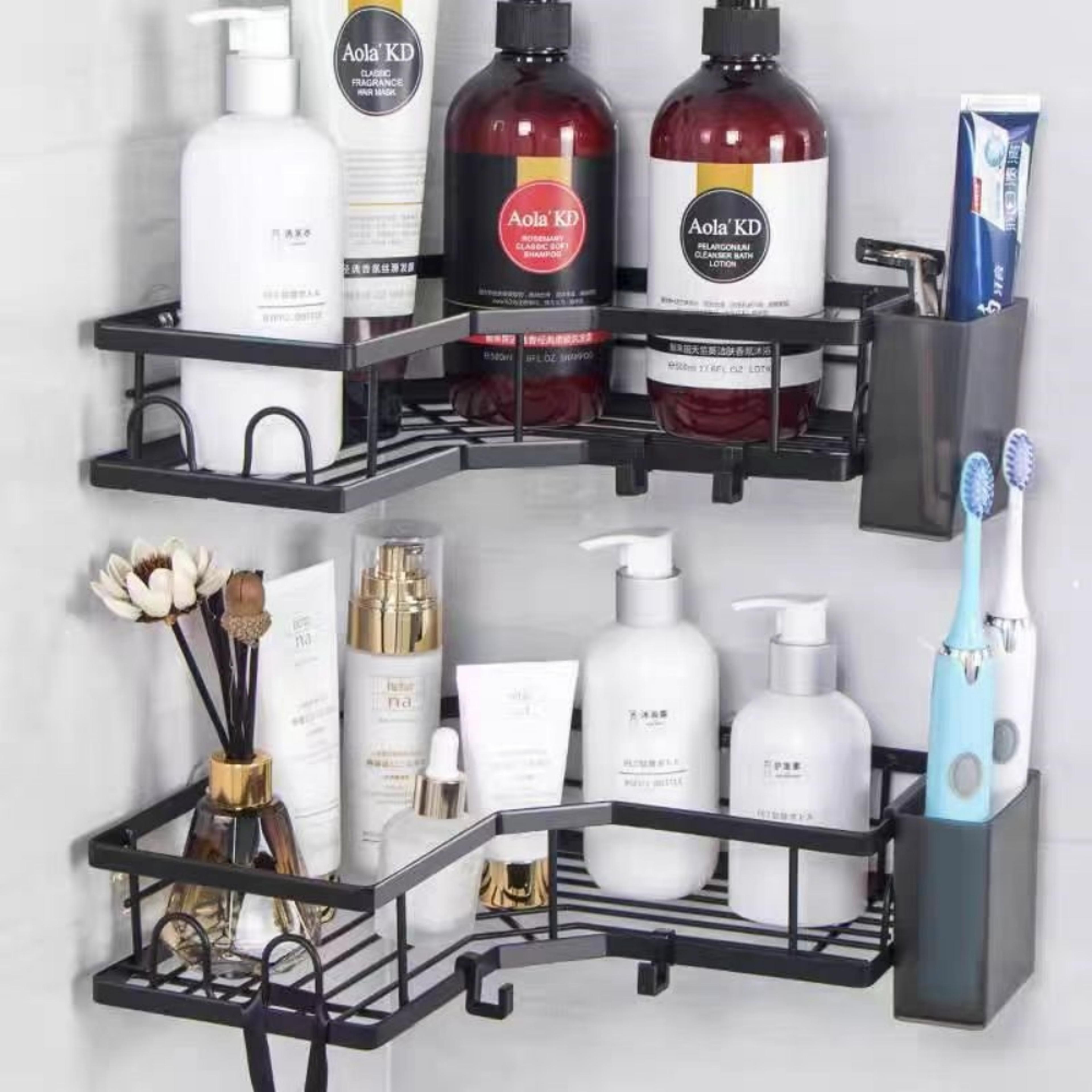 Stainless Steel Dual Tier Corner Bathroom Shelf No Drill Wall Mounted Storage 7