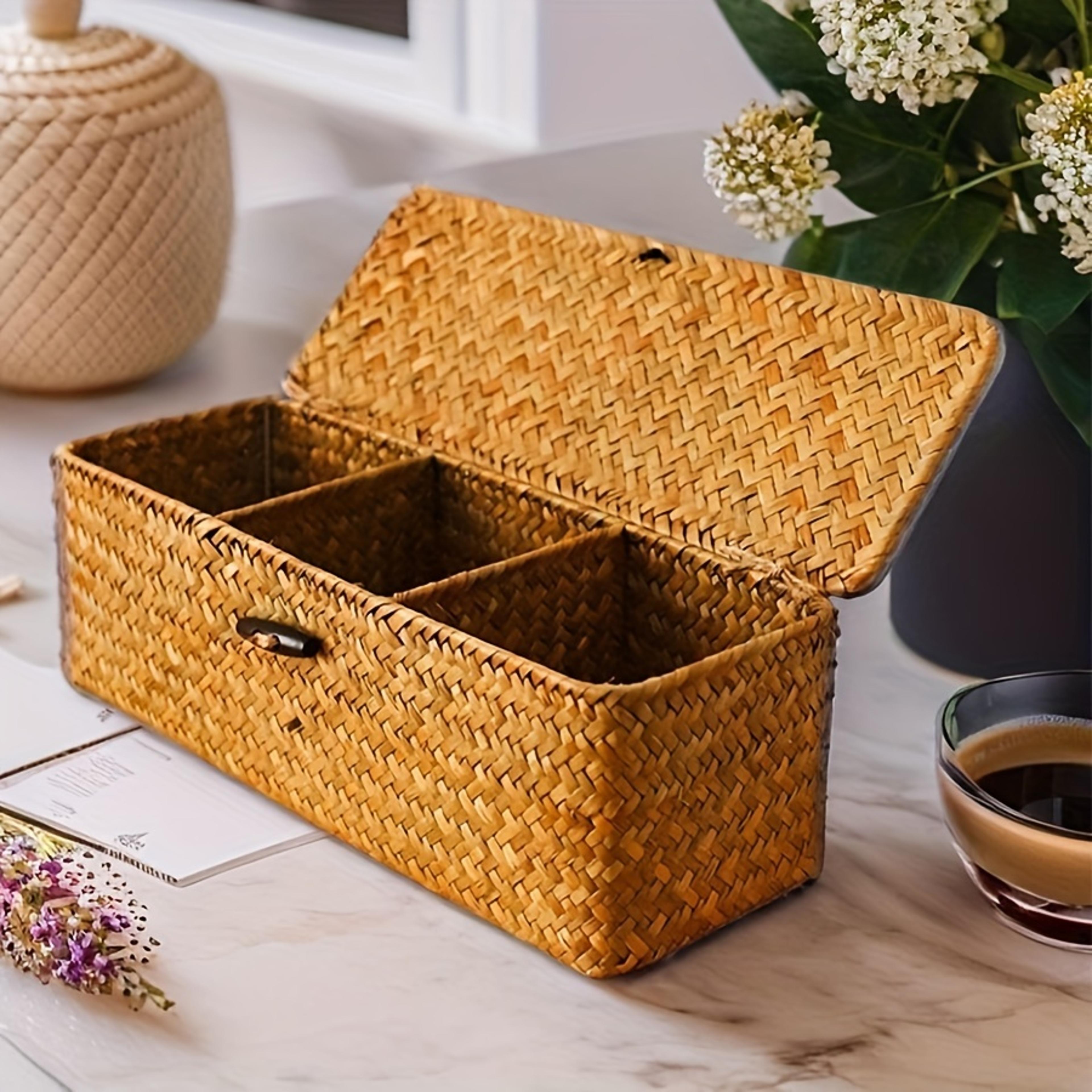 handwoven partitioned storage basket with rattan frame for home organization