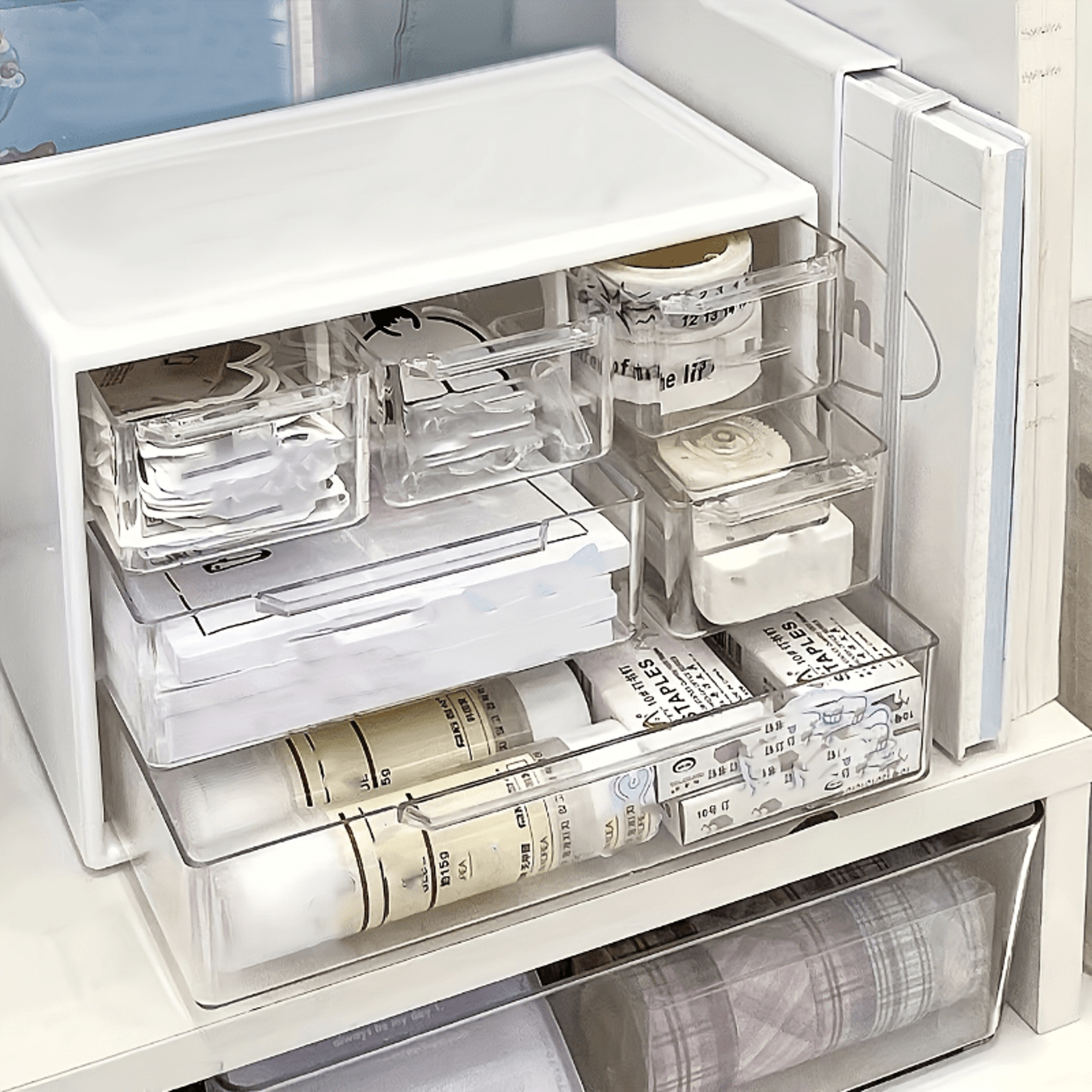 clear plastic desktop storage box with drawer for jewelry hair clips keys and small tools