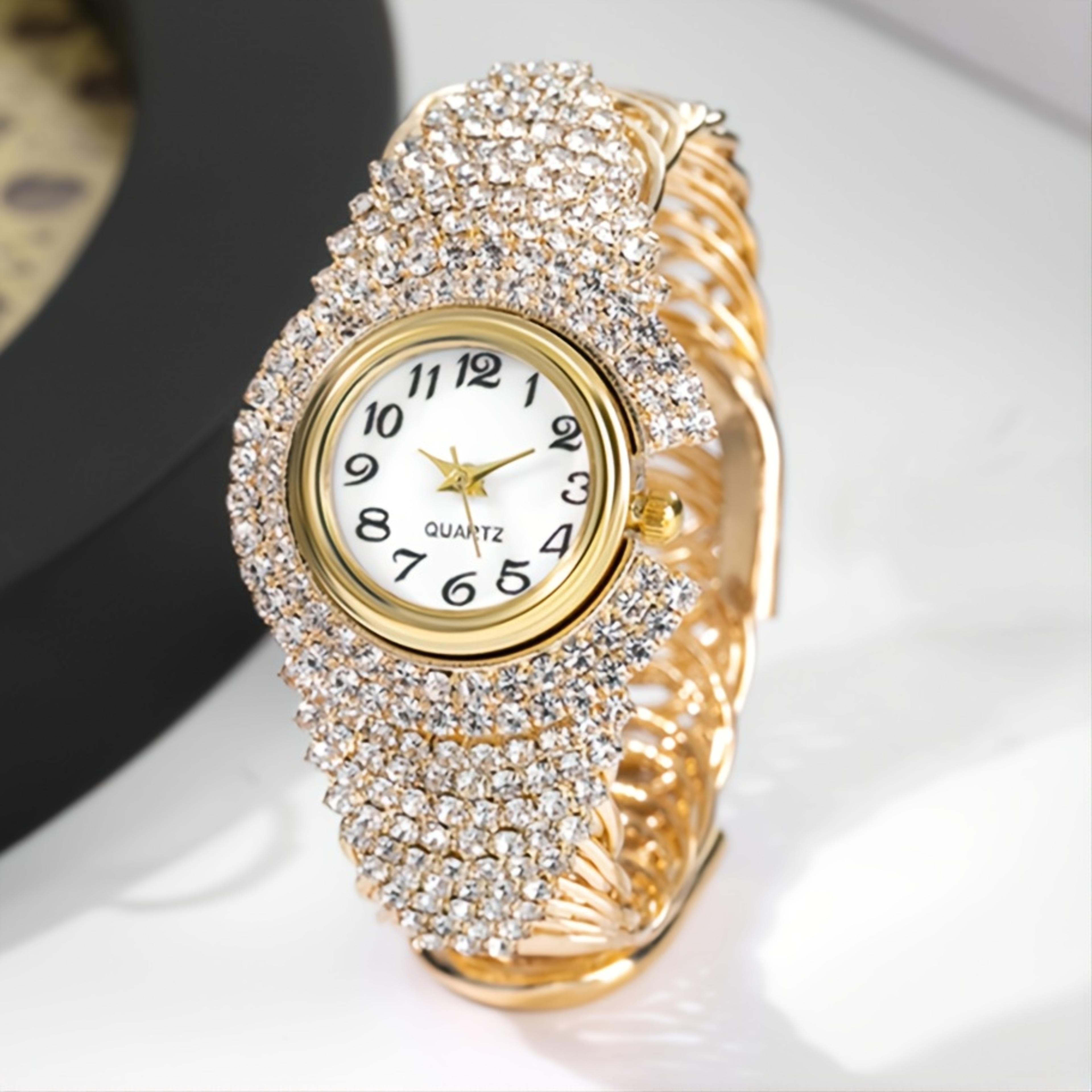 women's rhinestone bracelet watch with round dial and quartz movement