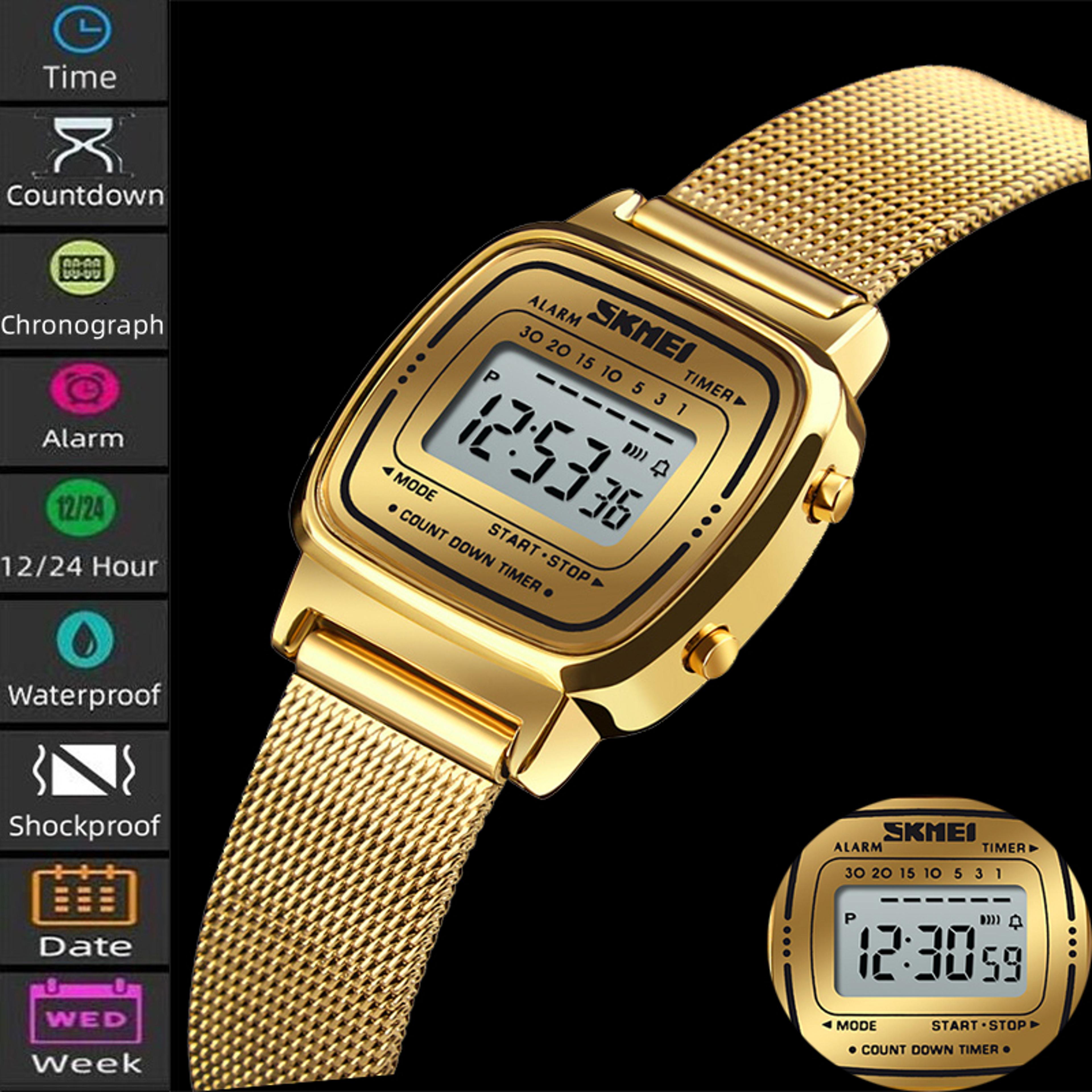 women's digital bracelet watch with stainless steel band and chronograph
