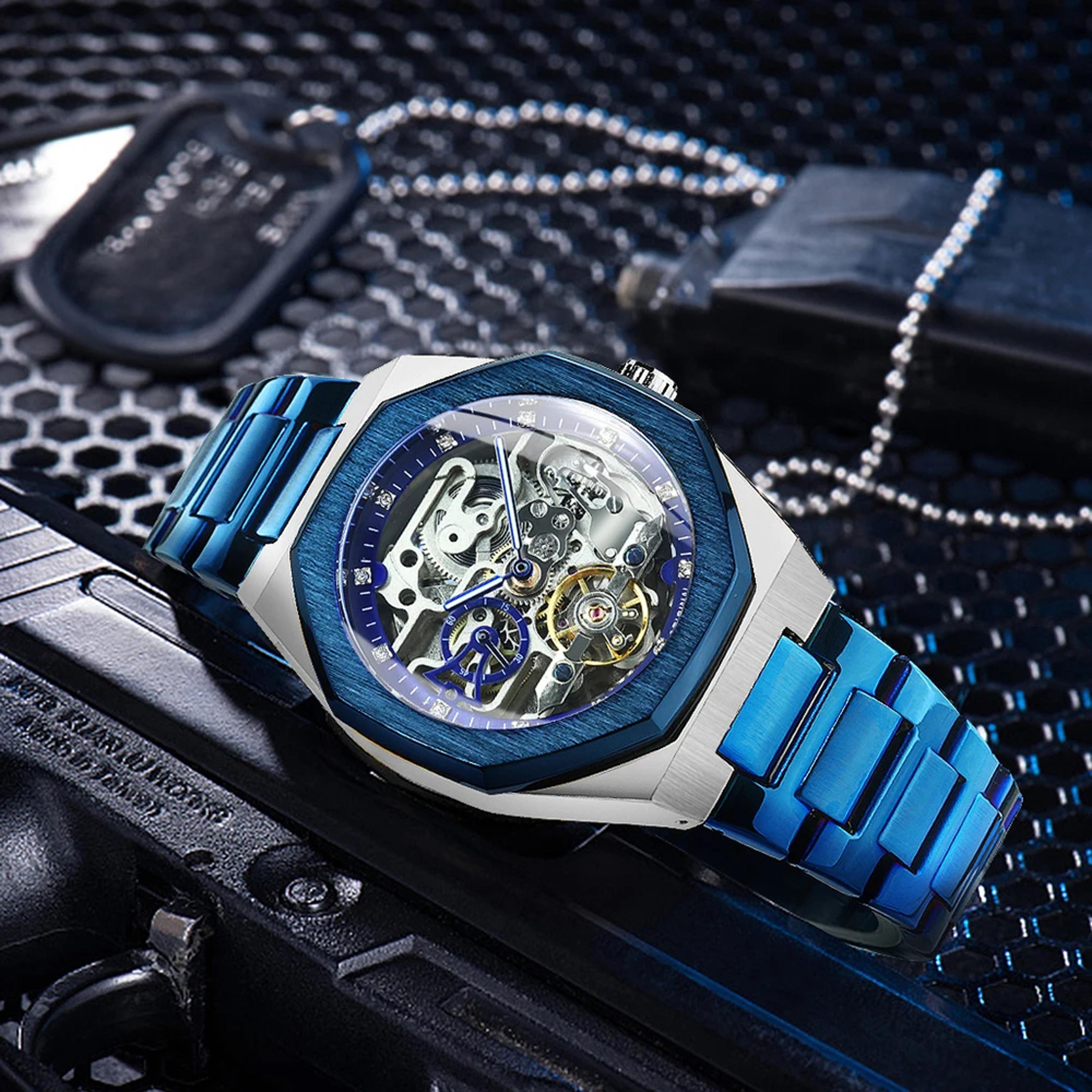 Mens Automatic Mechanical Skeleton Watch With Luminous Hands And Stainless Steel Band 3