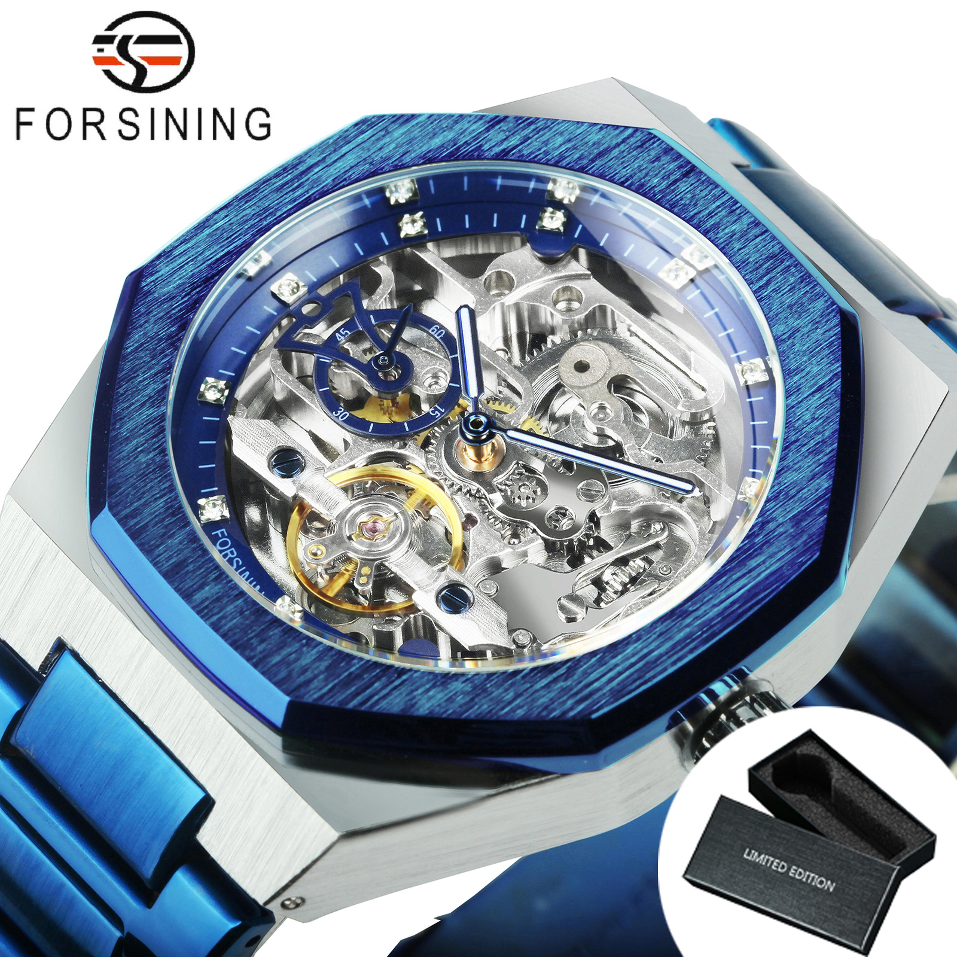 Mens Automatic Mechanical Skeleton Watch With Luminous Hands And Stainless Steel Band 8
