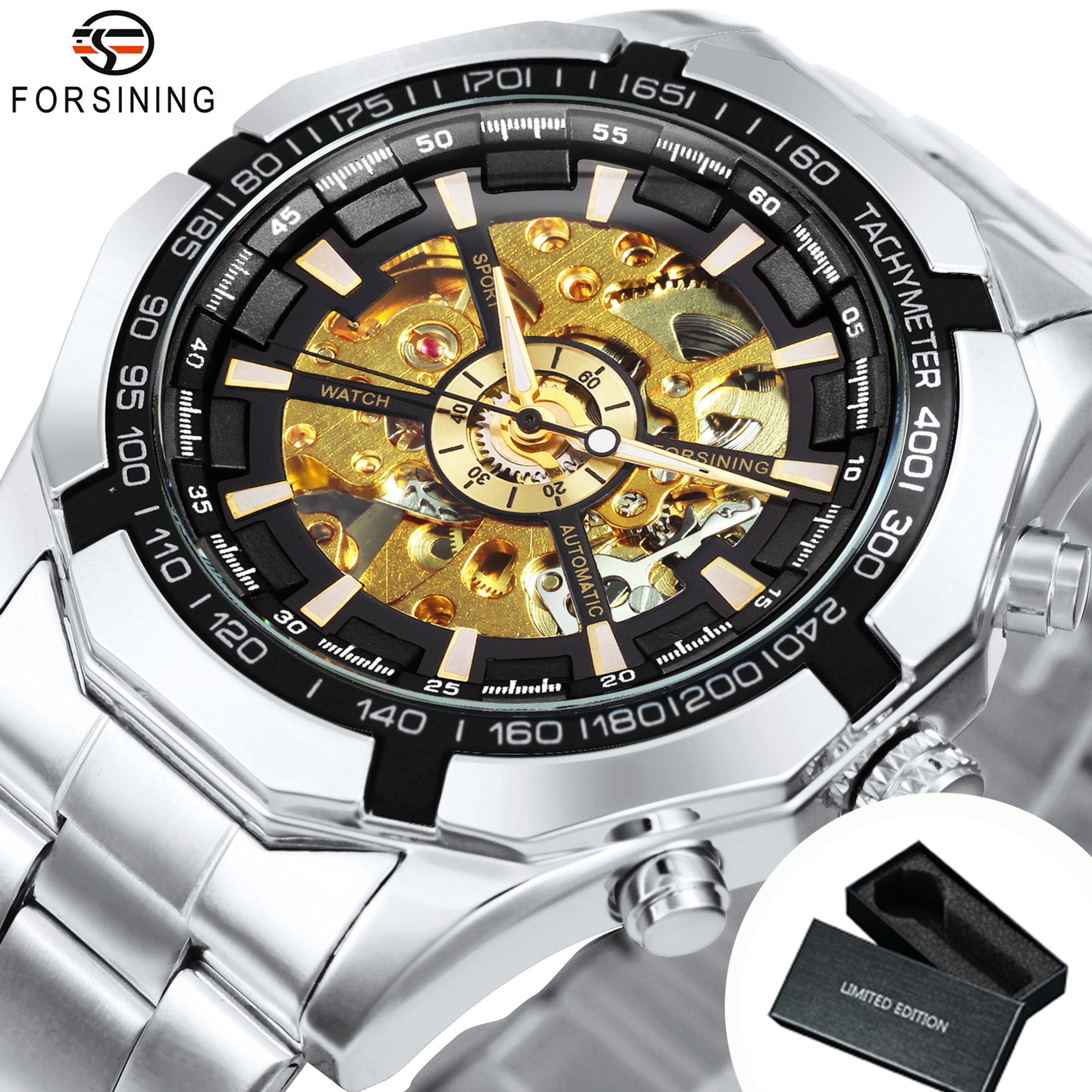 Mens Skeleton Mechanical Watch With Luminous Hands And Stainless Steel Band 9