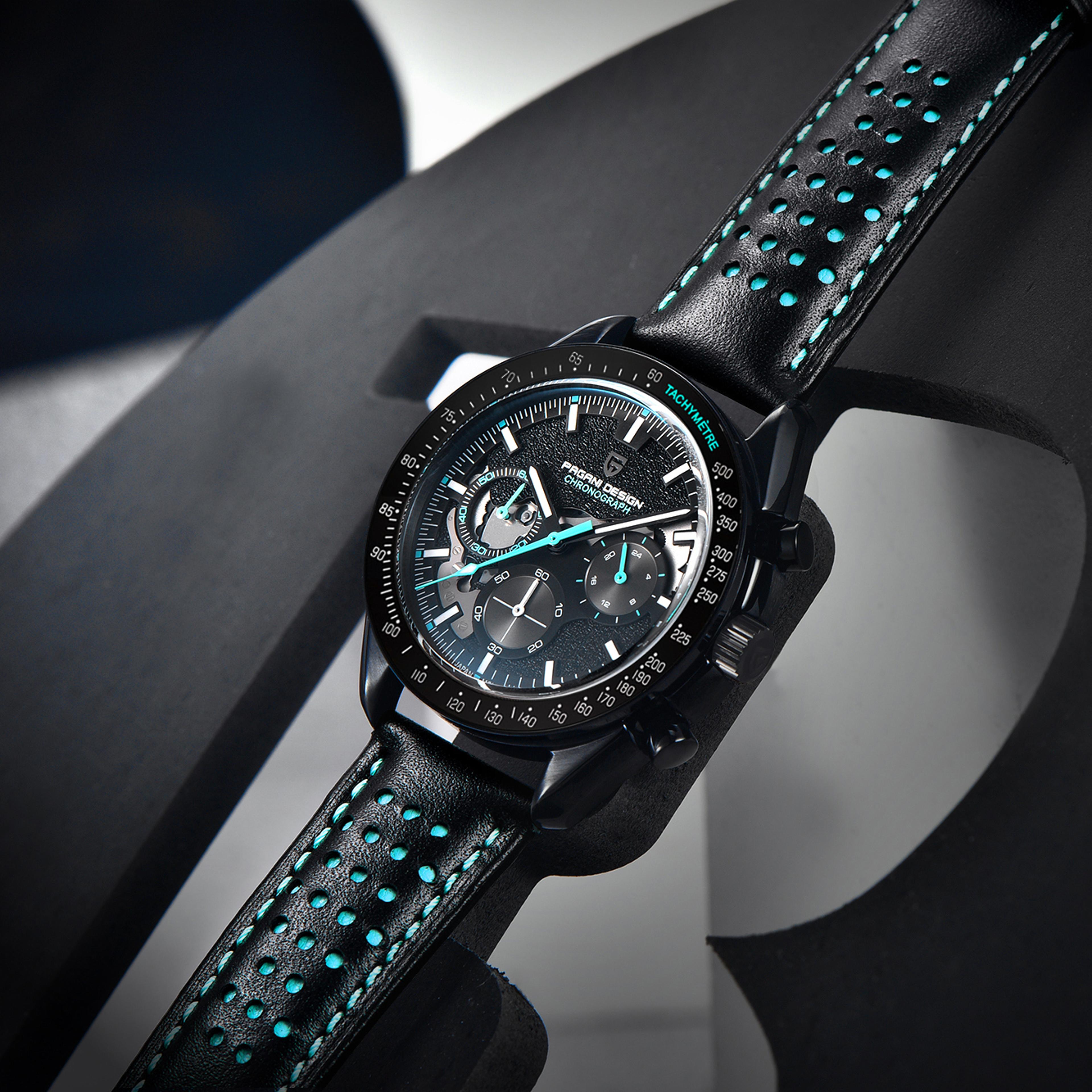 men's quartz chronograph watch with sapphire crystal and leather strap