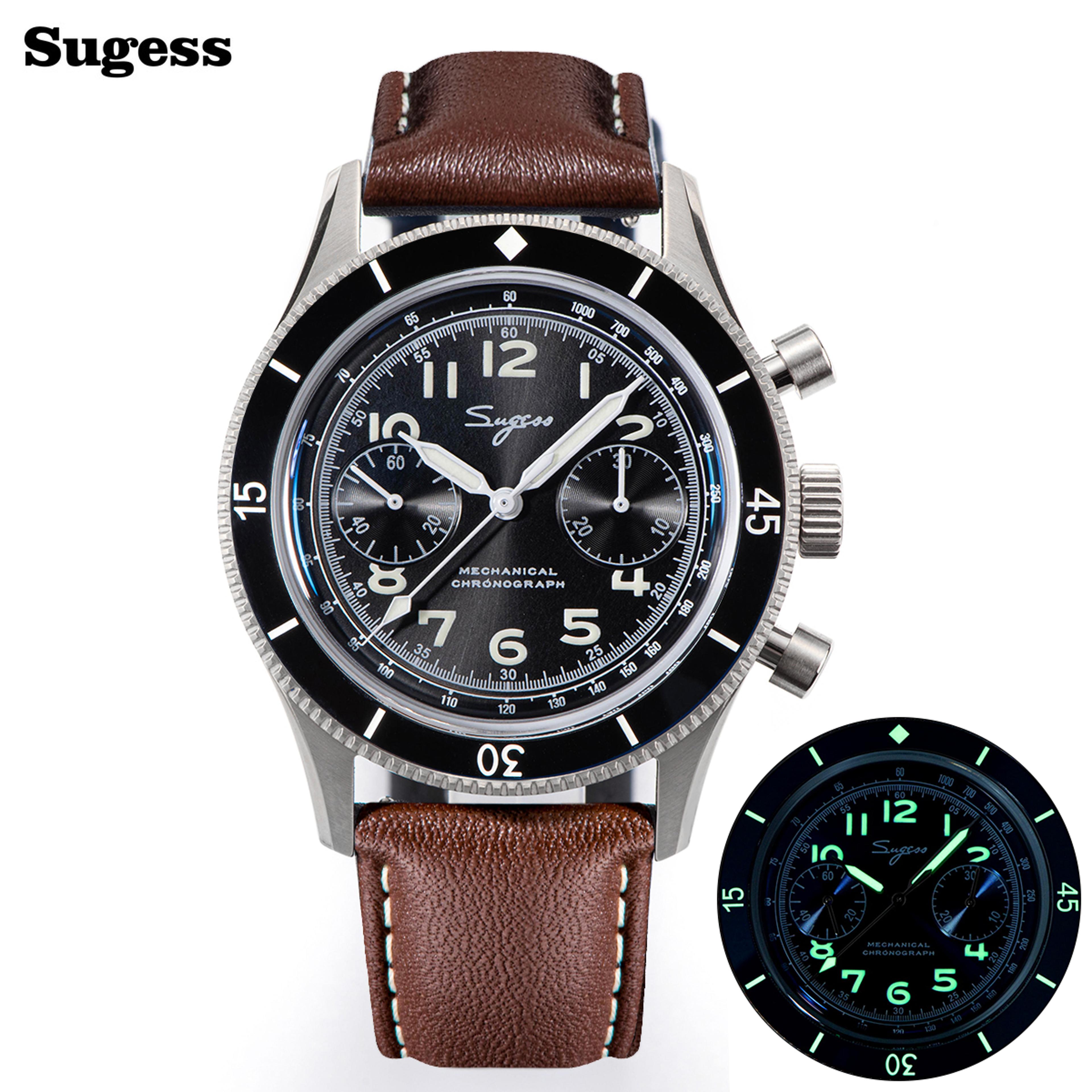 men's mechanical chronograph pilot watch with sapphire crystal and leather strap