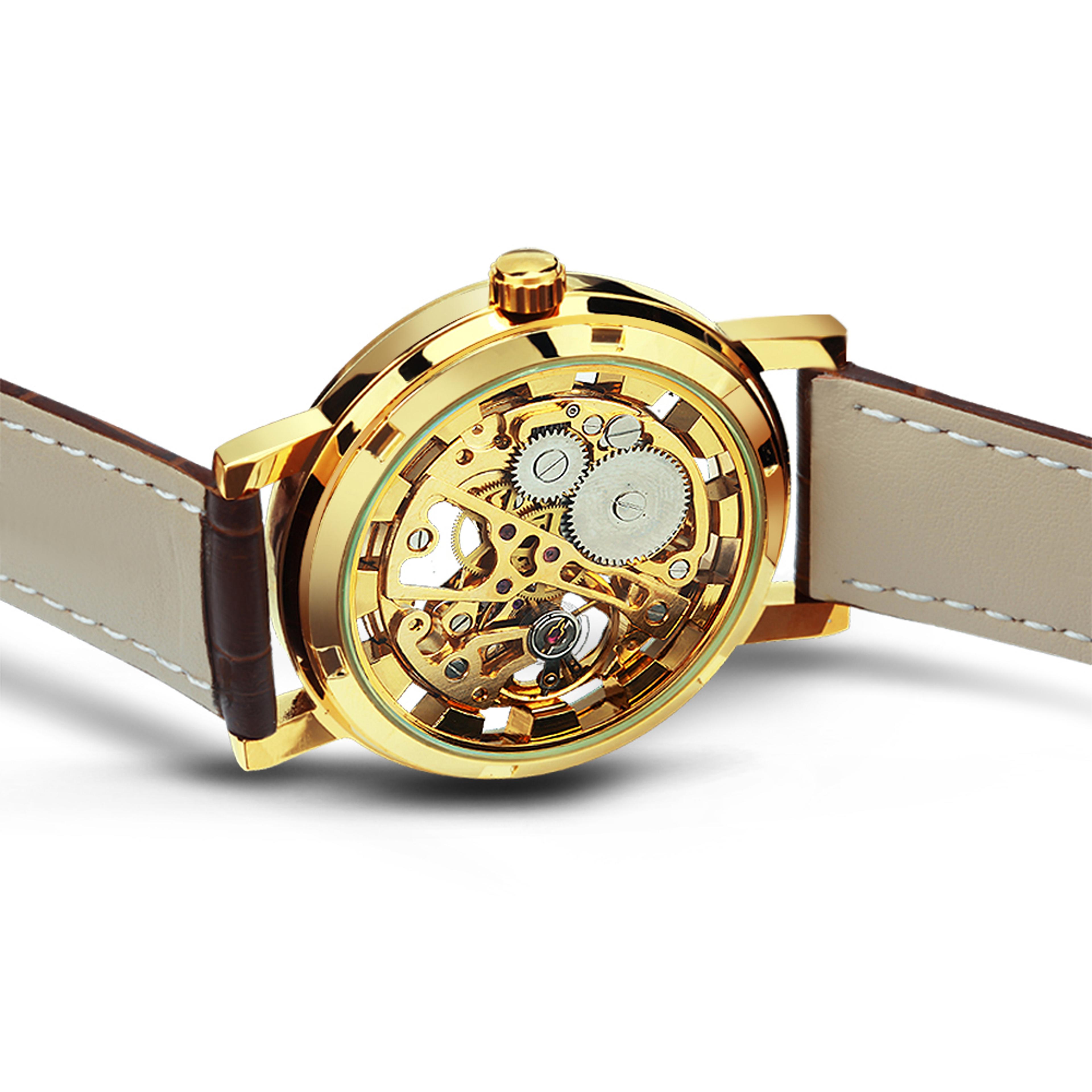 Mens Skeleton Mechanical Watch With Leather Strap And Luminous Hands 4
