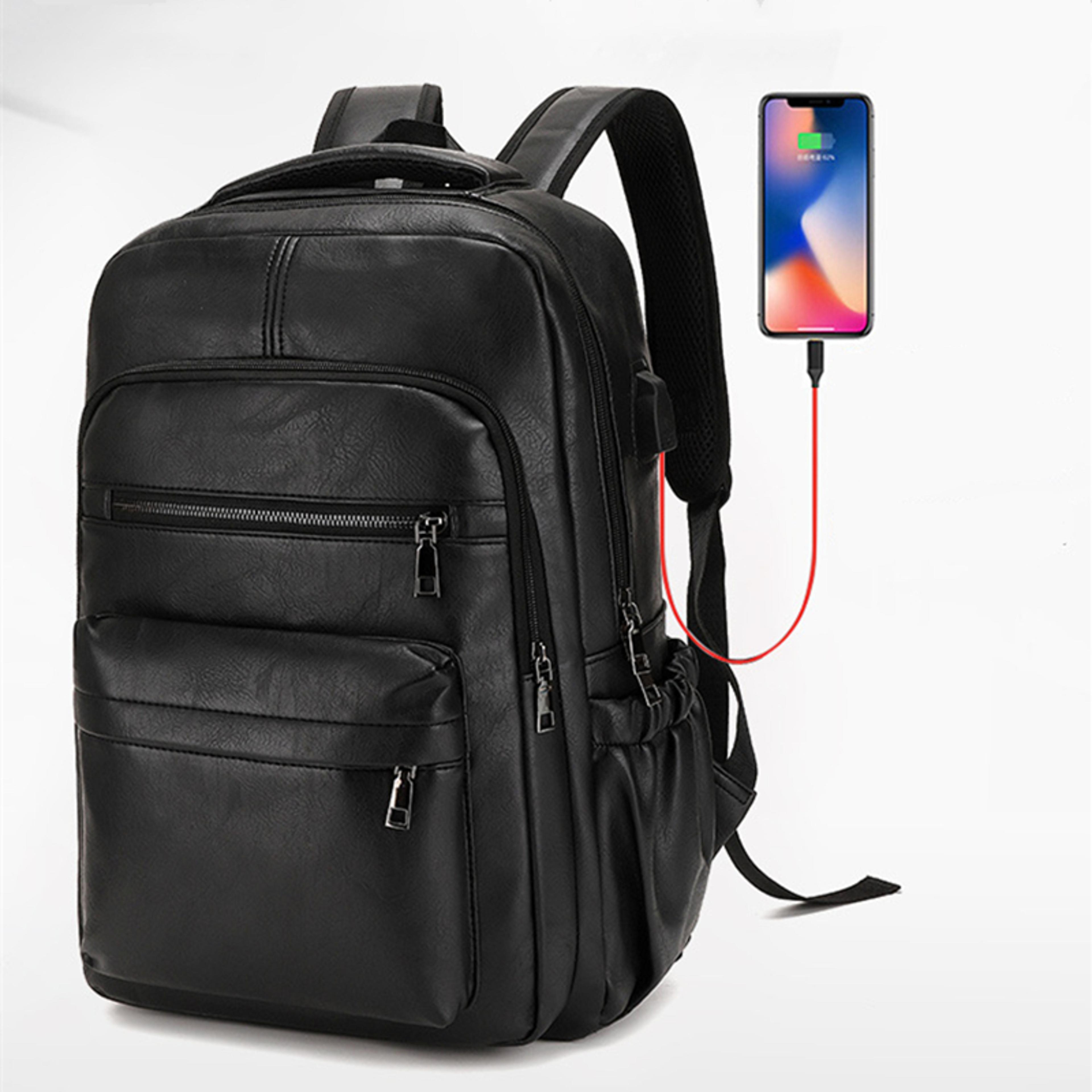 men's pu leather laptop backpack with usb charging port and large capacity