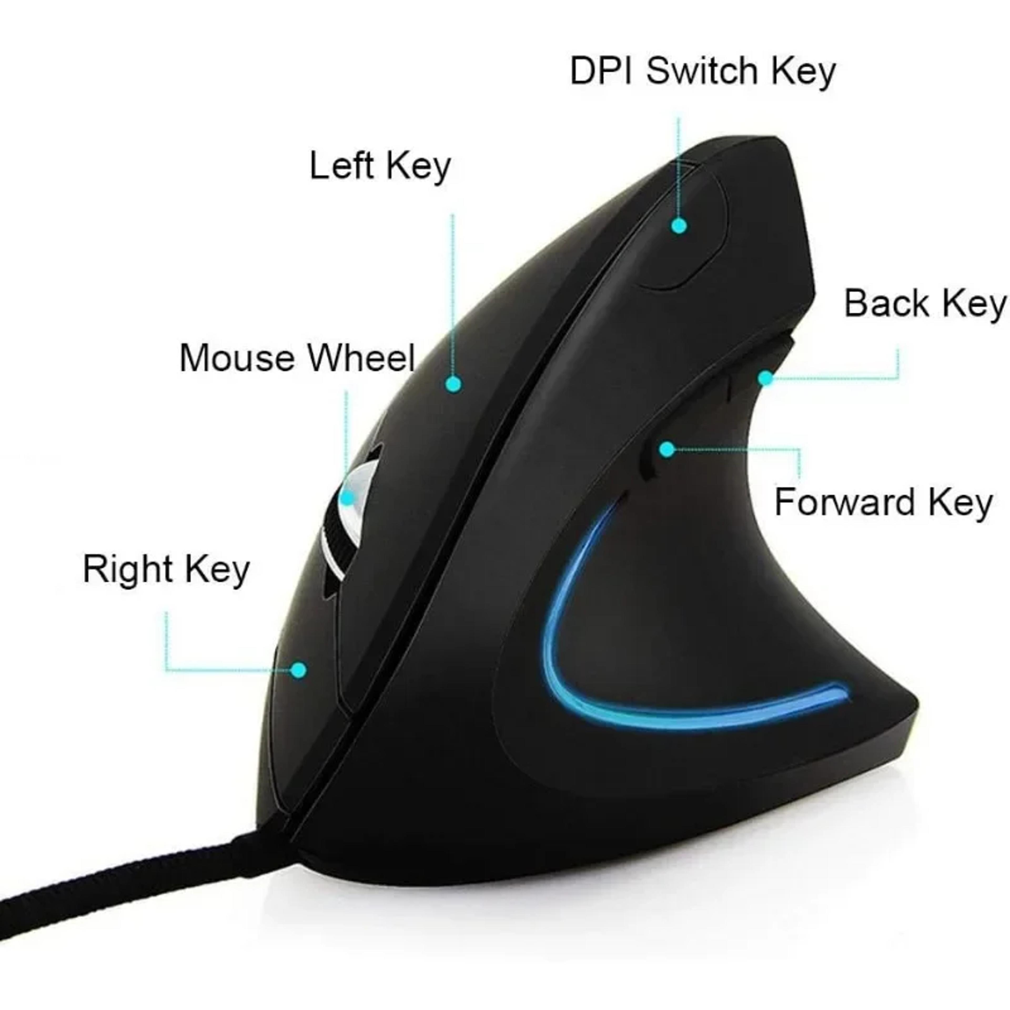 ergonomic vertical wired mouse with 4-level adjustable dpi and led lighting