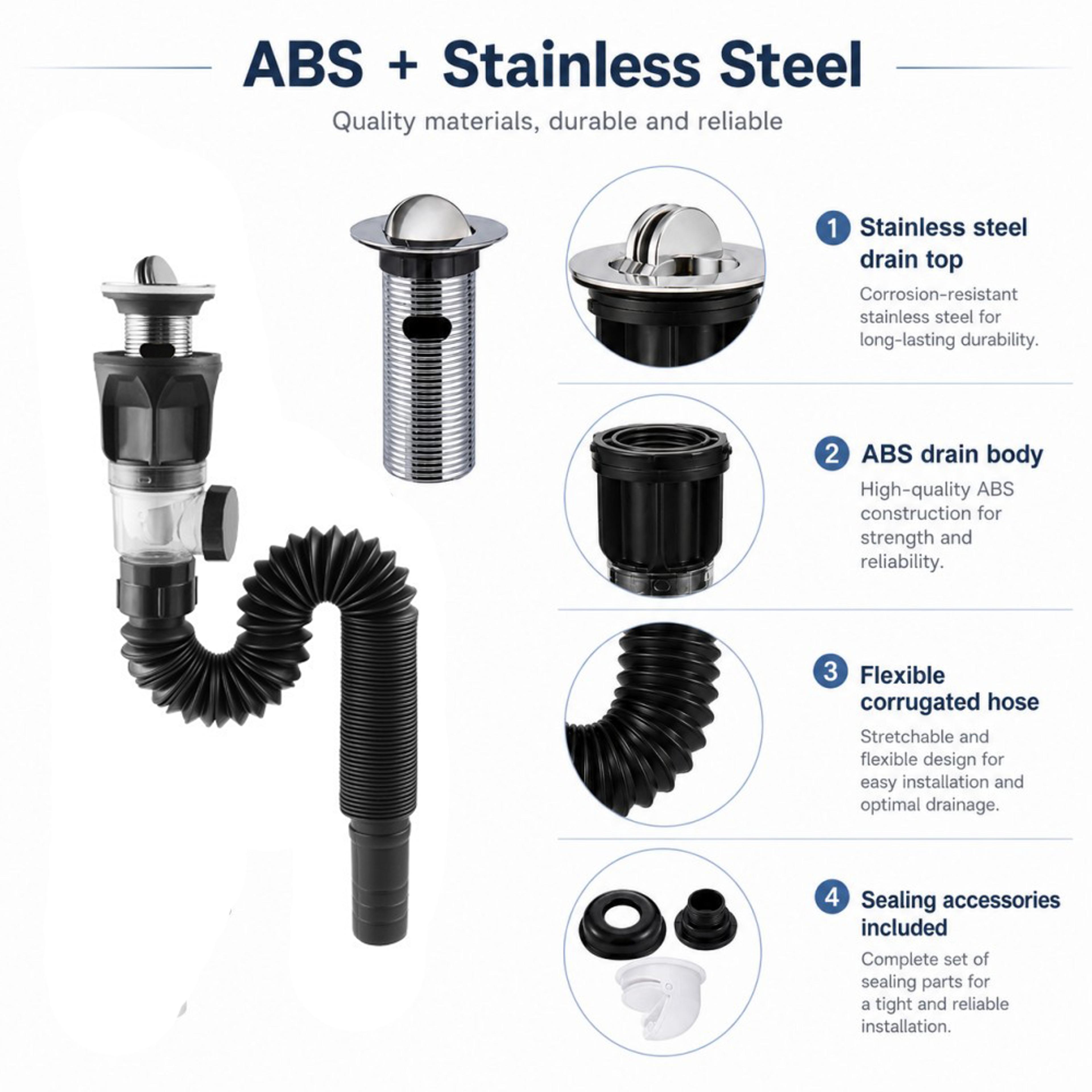 Bathroom Sink Drain Kit With Flexible Hose And Stainless Steel Drain Top 3