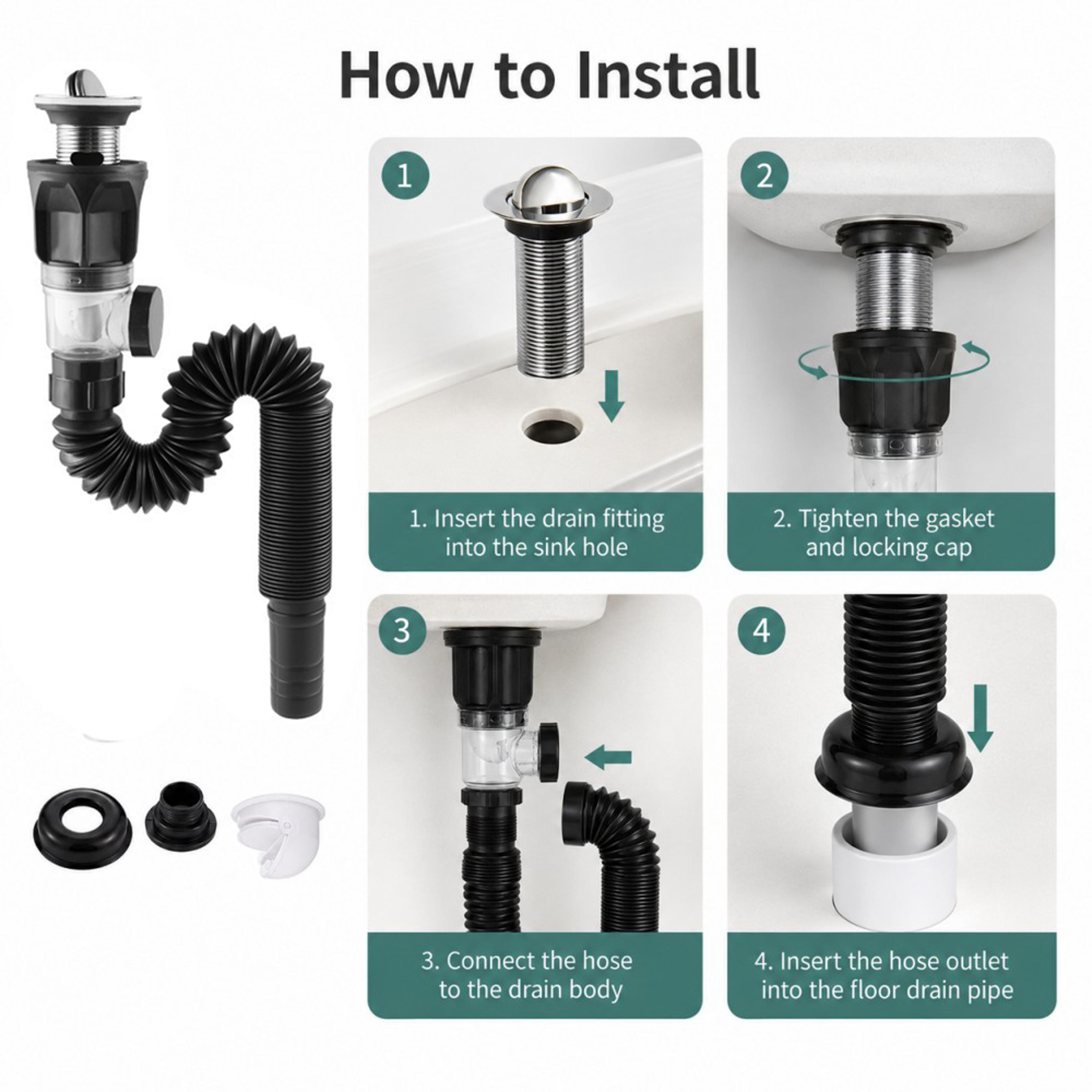 Bathroom Sink Drain Kit With Flexible Hose And Stainless Steel Drain Top 5