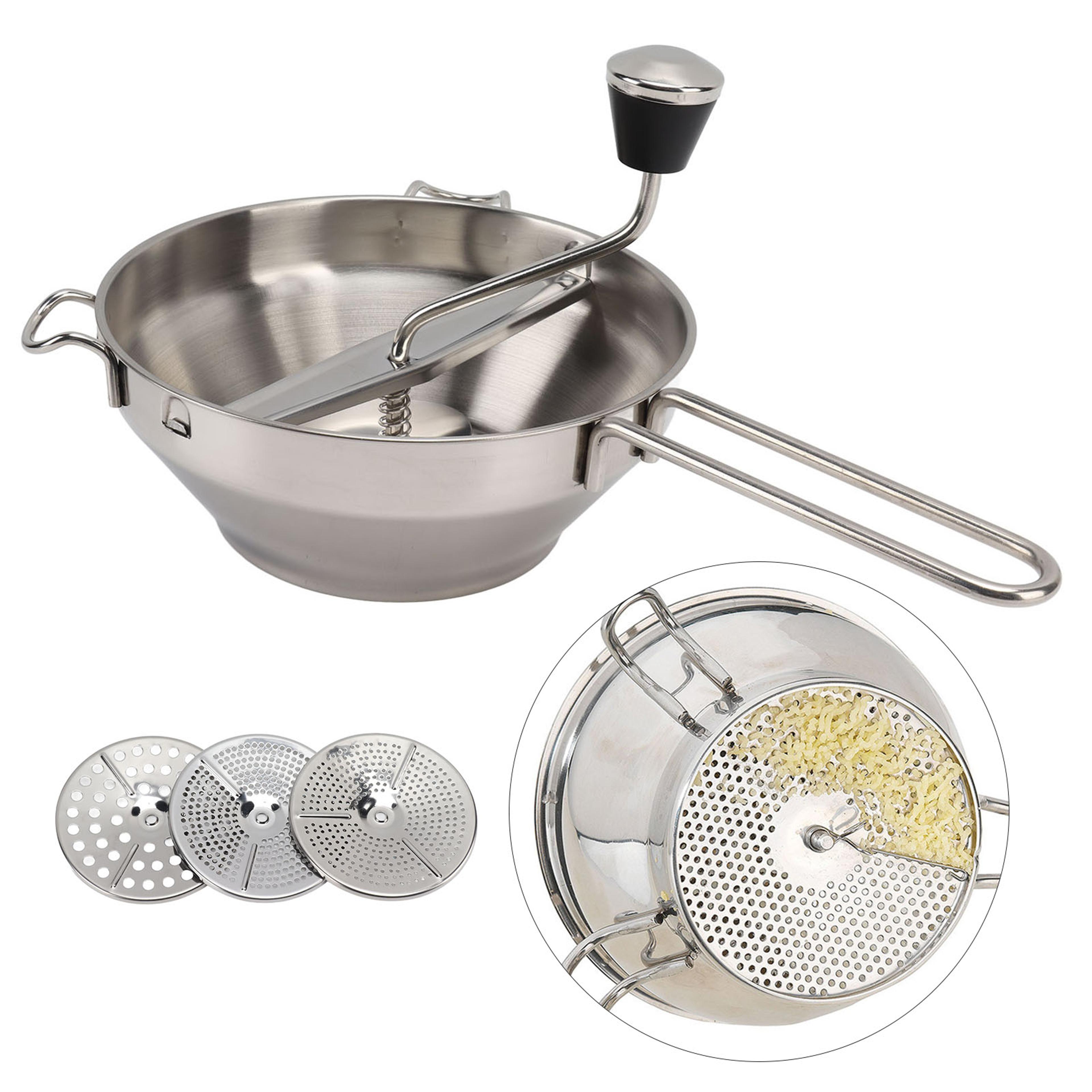 stainless steel manual food mill with milling discs for vegetables and fruit