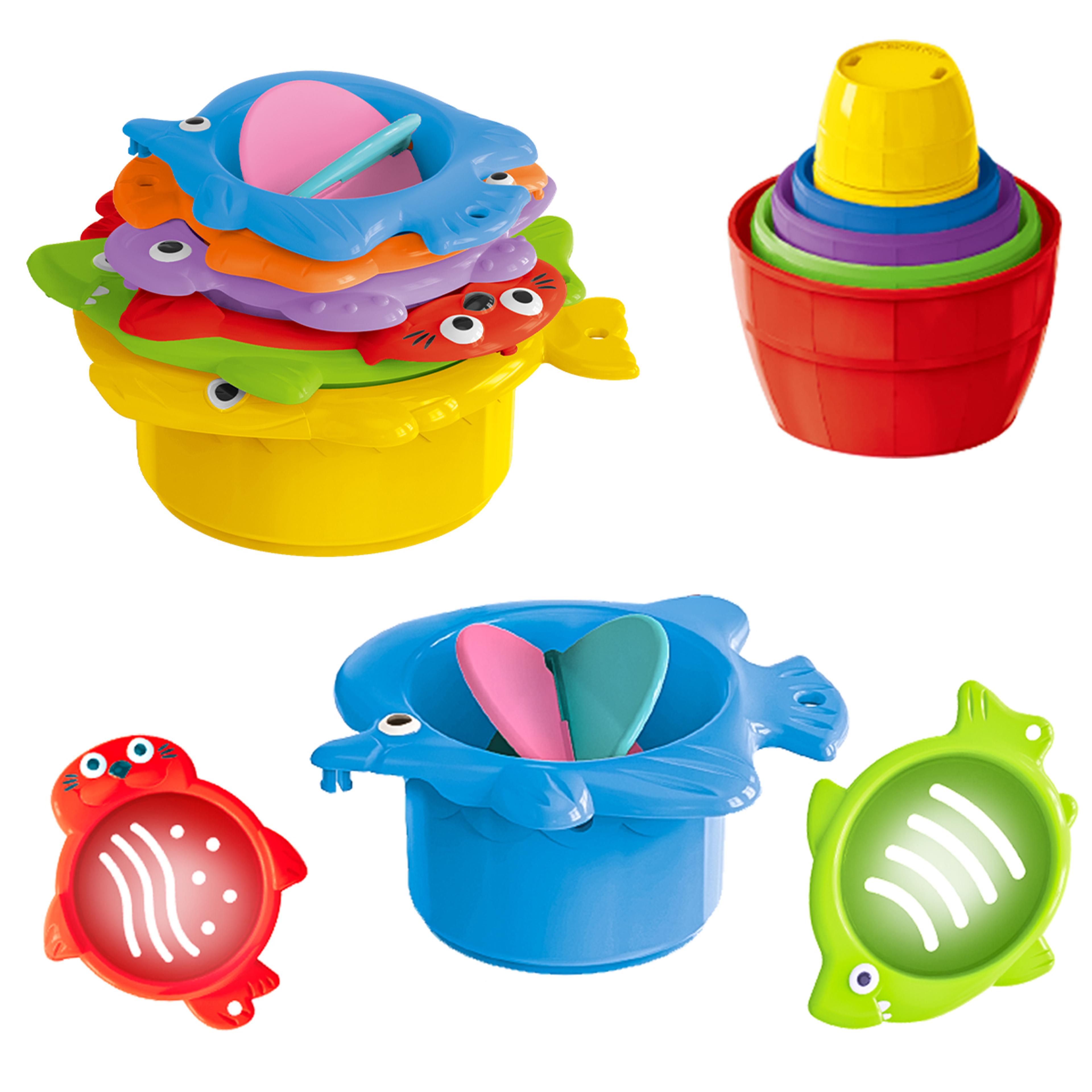 toddler stacking bath toys with colorful cups and basket for water and beach play