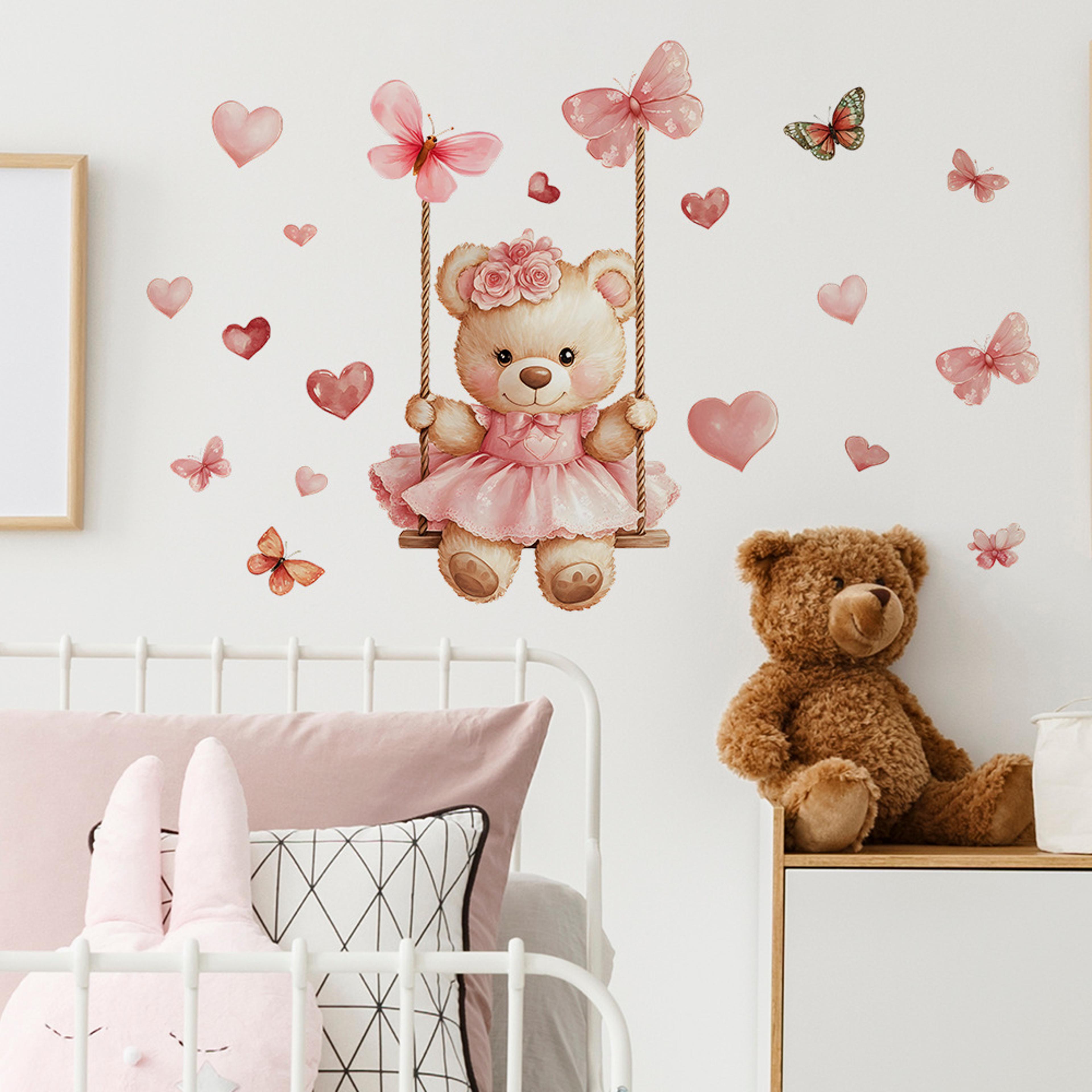cartoon bear swing and butterfly wall stickers for kids bedroom decor