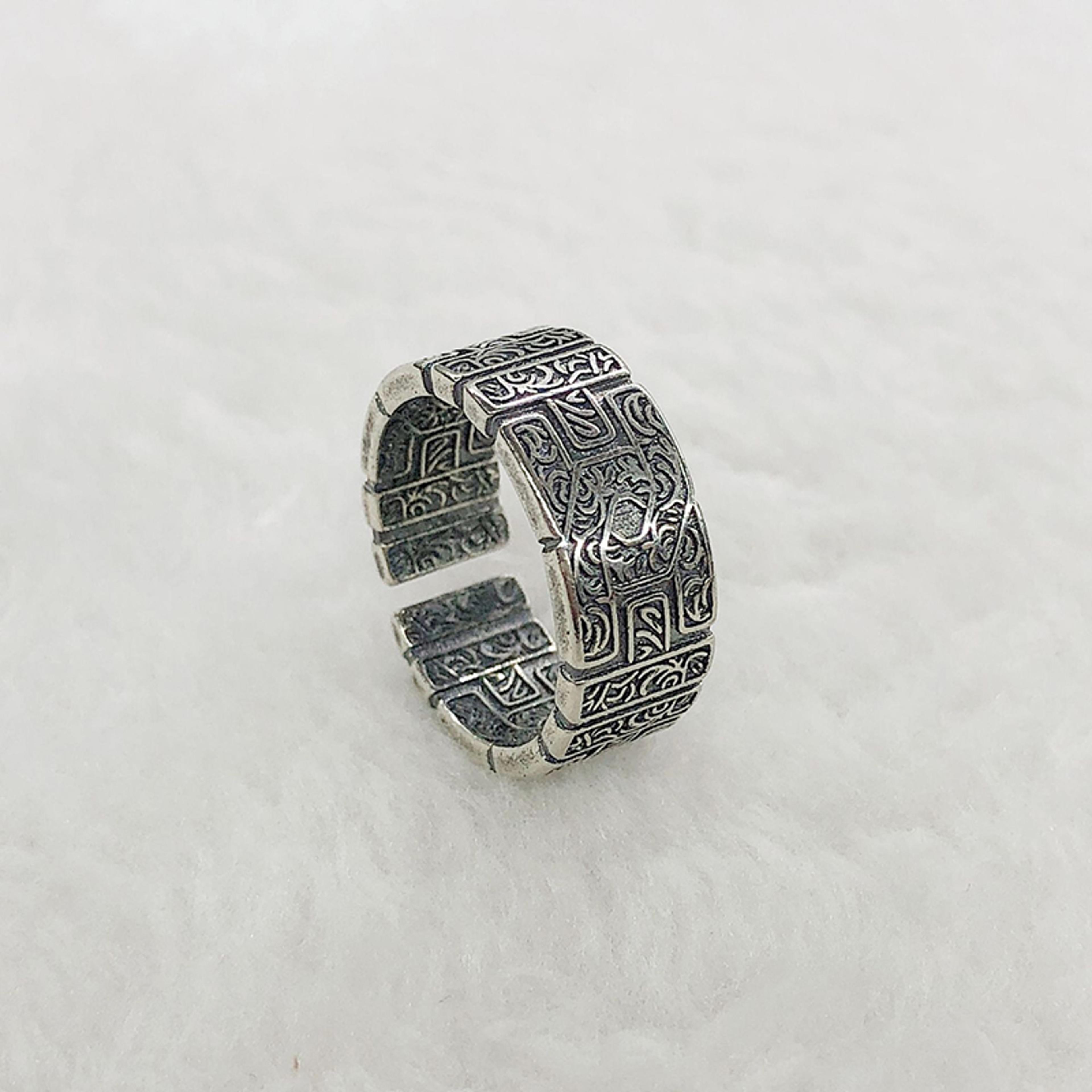 vintage silver tone tang grass pattern open ring for men