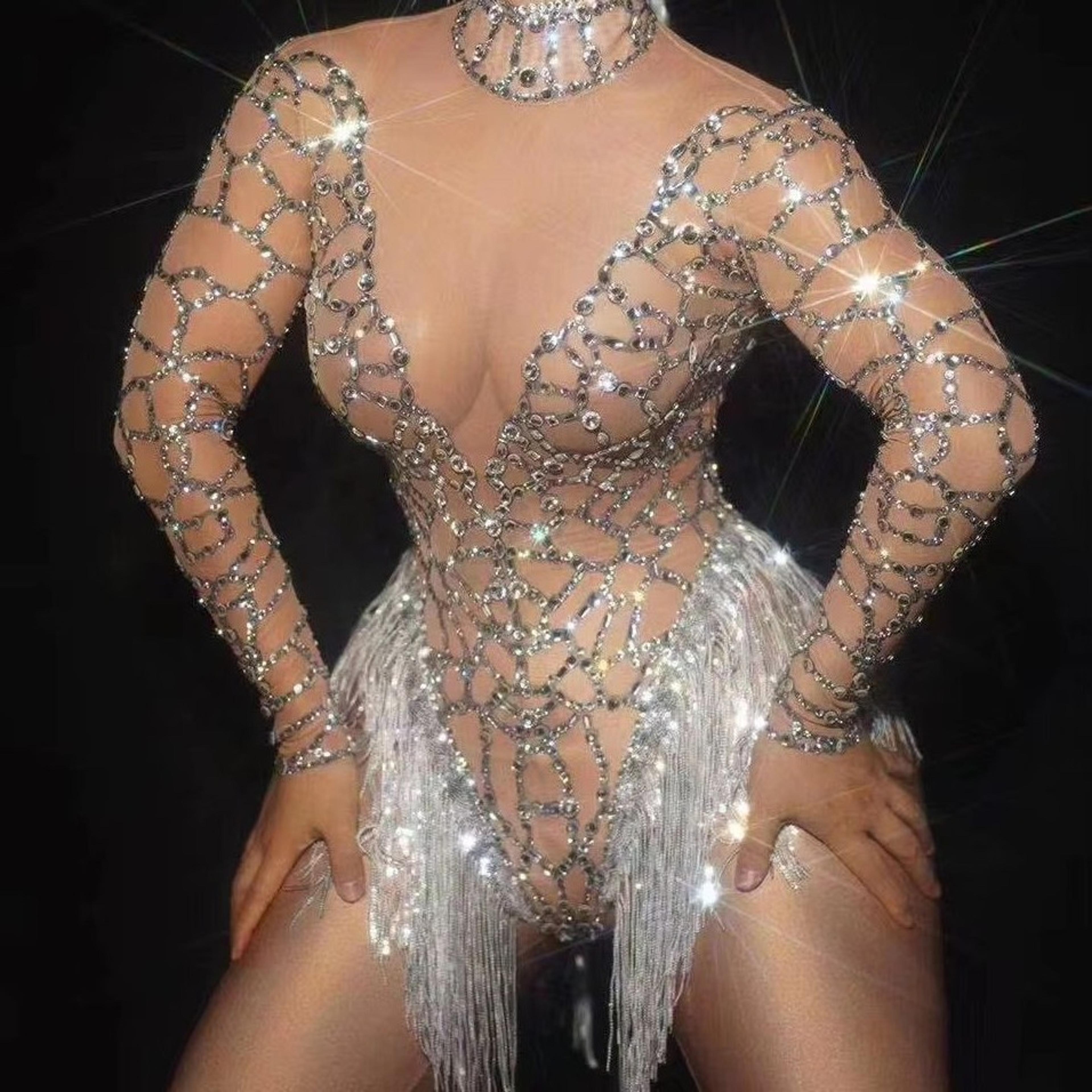 women's sheer rhinestone fringe bodysuit for stage performances and nightclubs