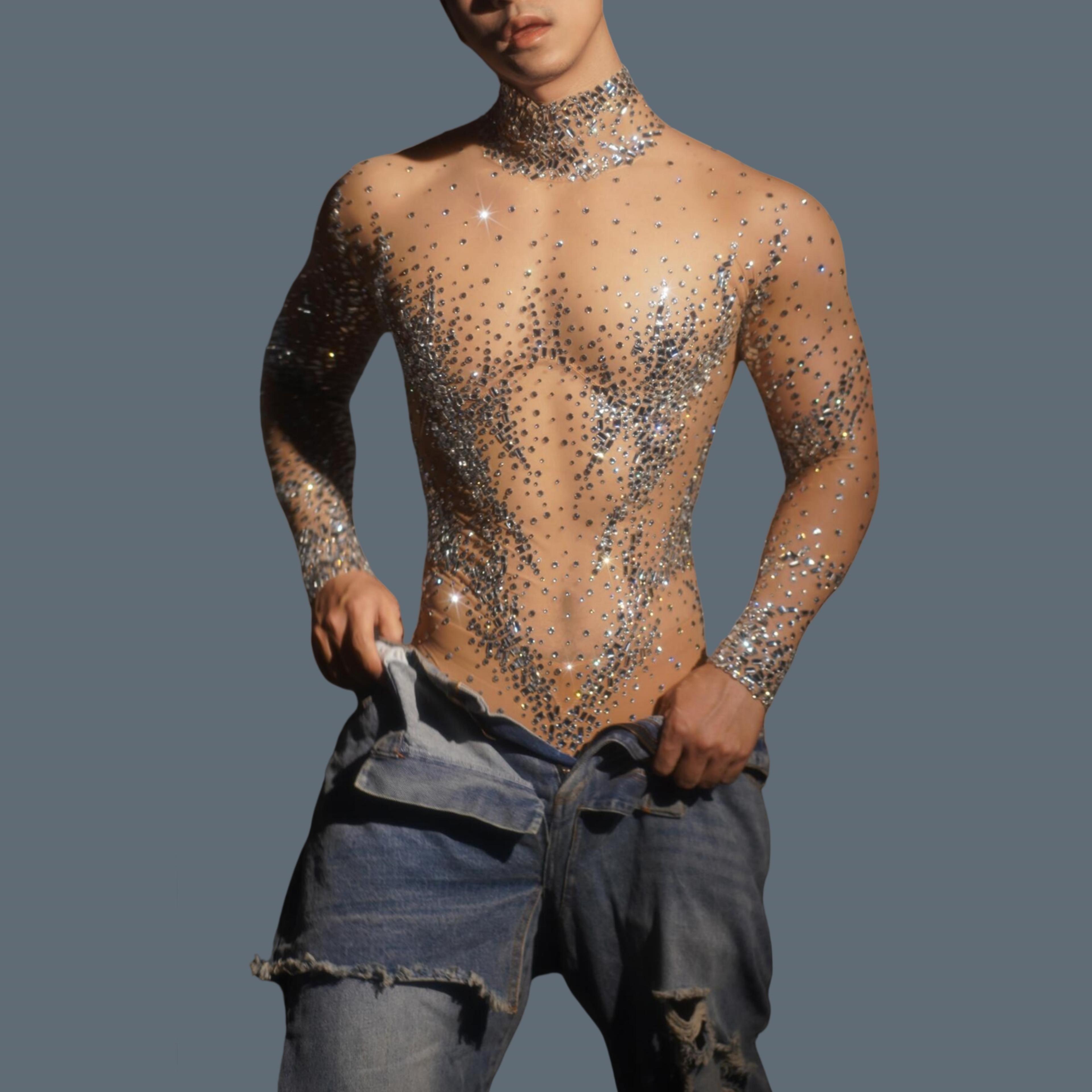 full rhinestone mesh jumpsuit with long sleeves for party and stage wear