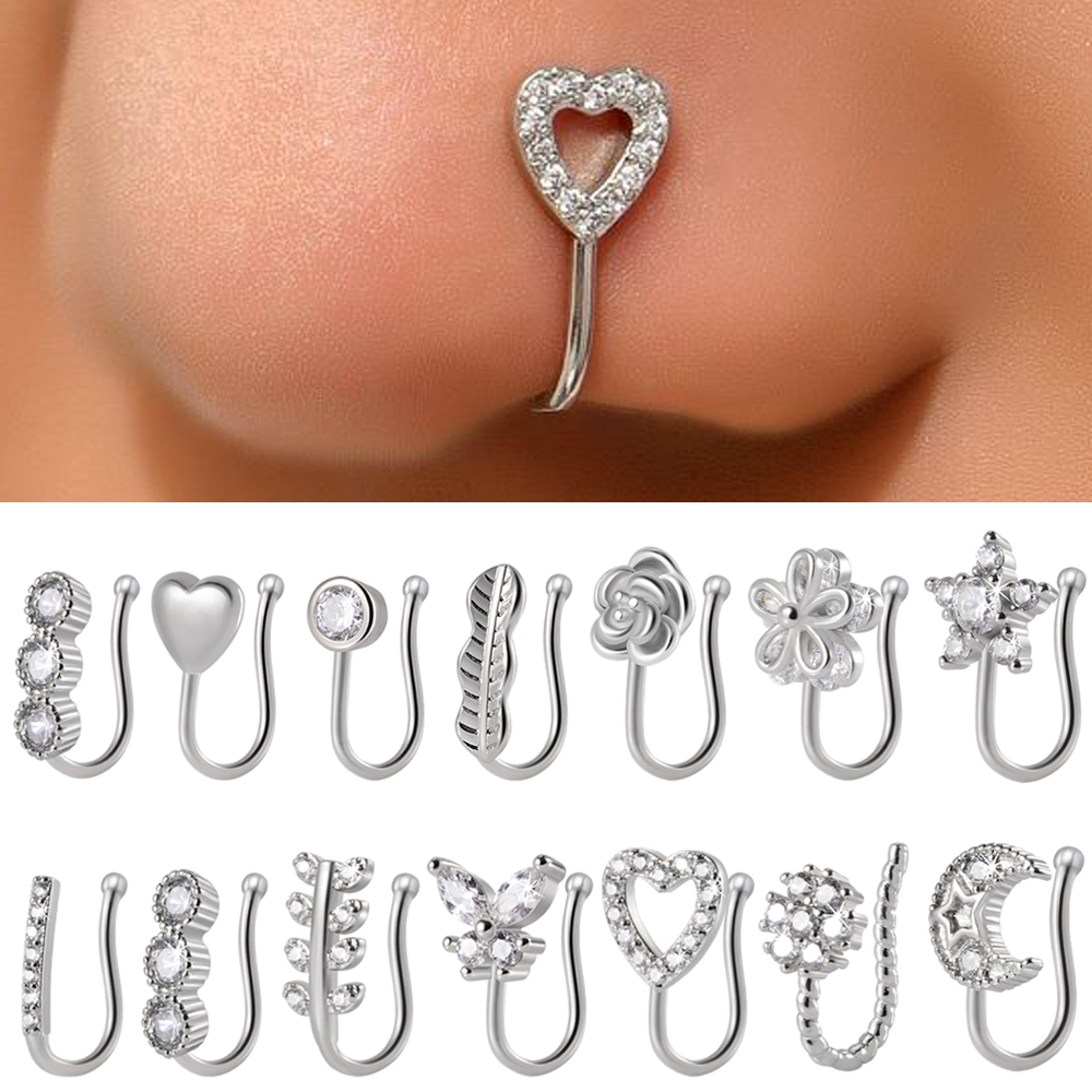 shaped stainless steel faux nose ring and ear cuff with cubic zirconia