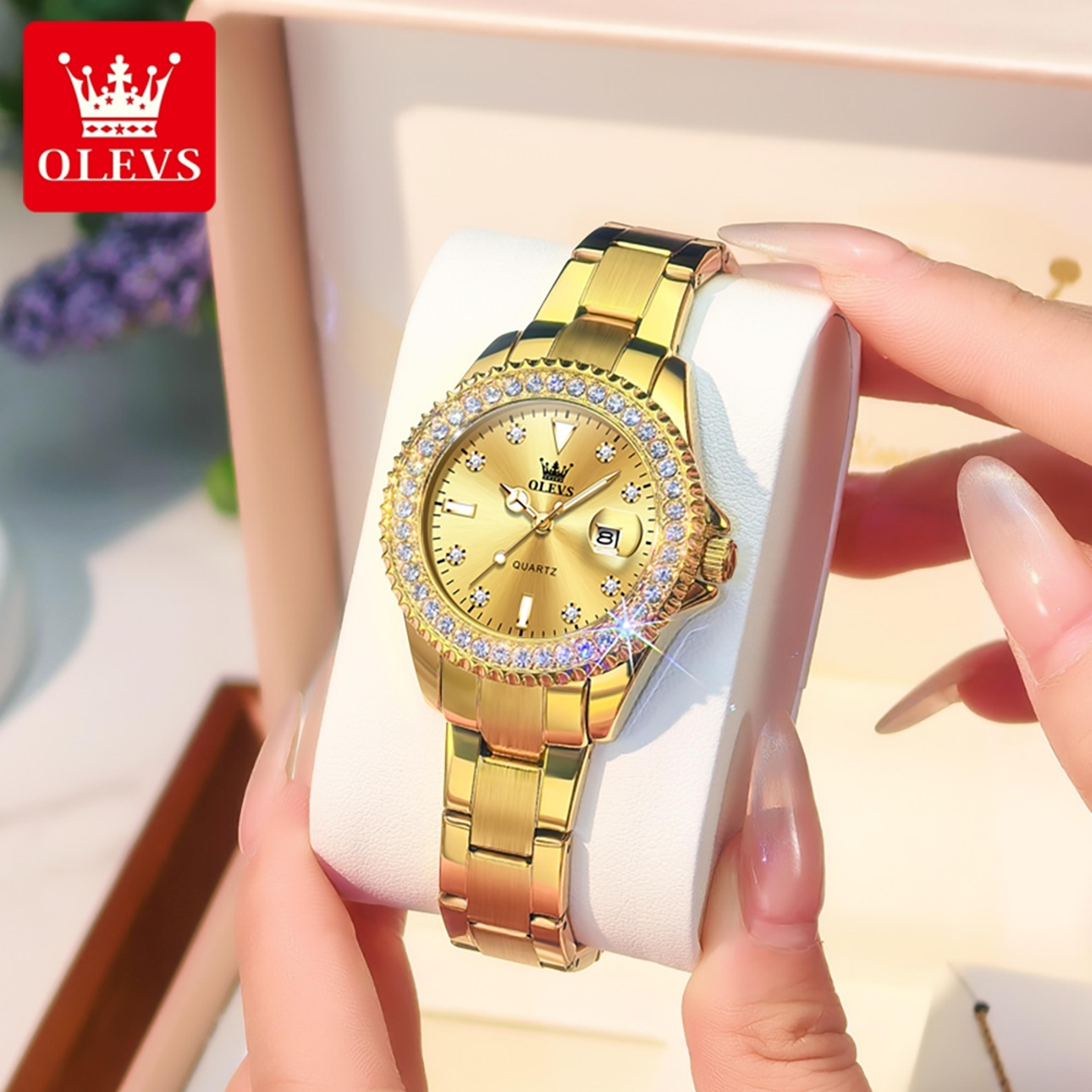 women's luxury quartz watch with diamond-style dial and stainless steel bracelet