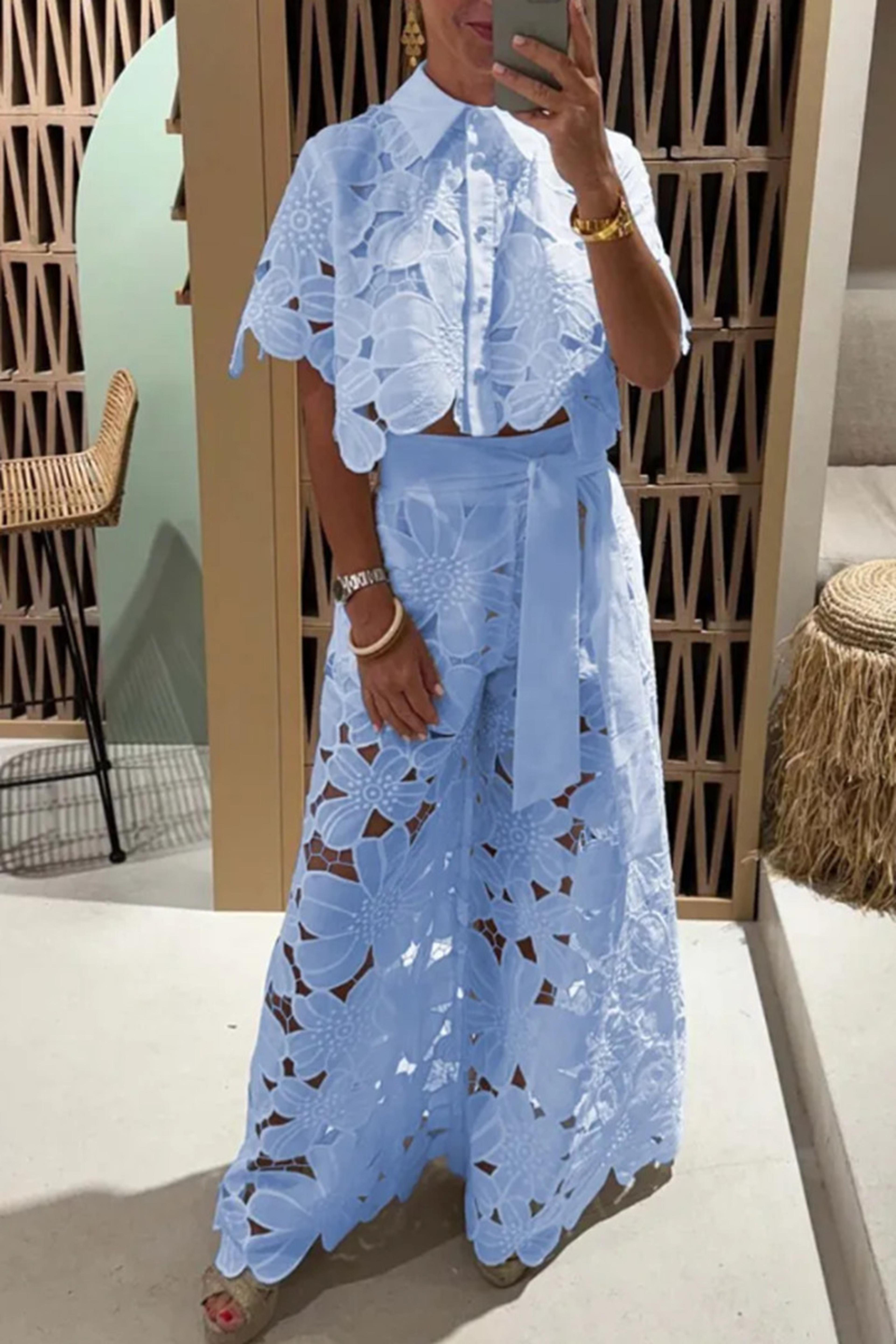 Fashionable Womens 2Piece Outfit SingleBreasted Shirt  WideLeg Pants Set  Elegant Hollow Suit For C 5