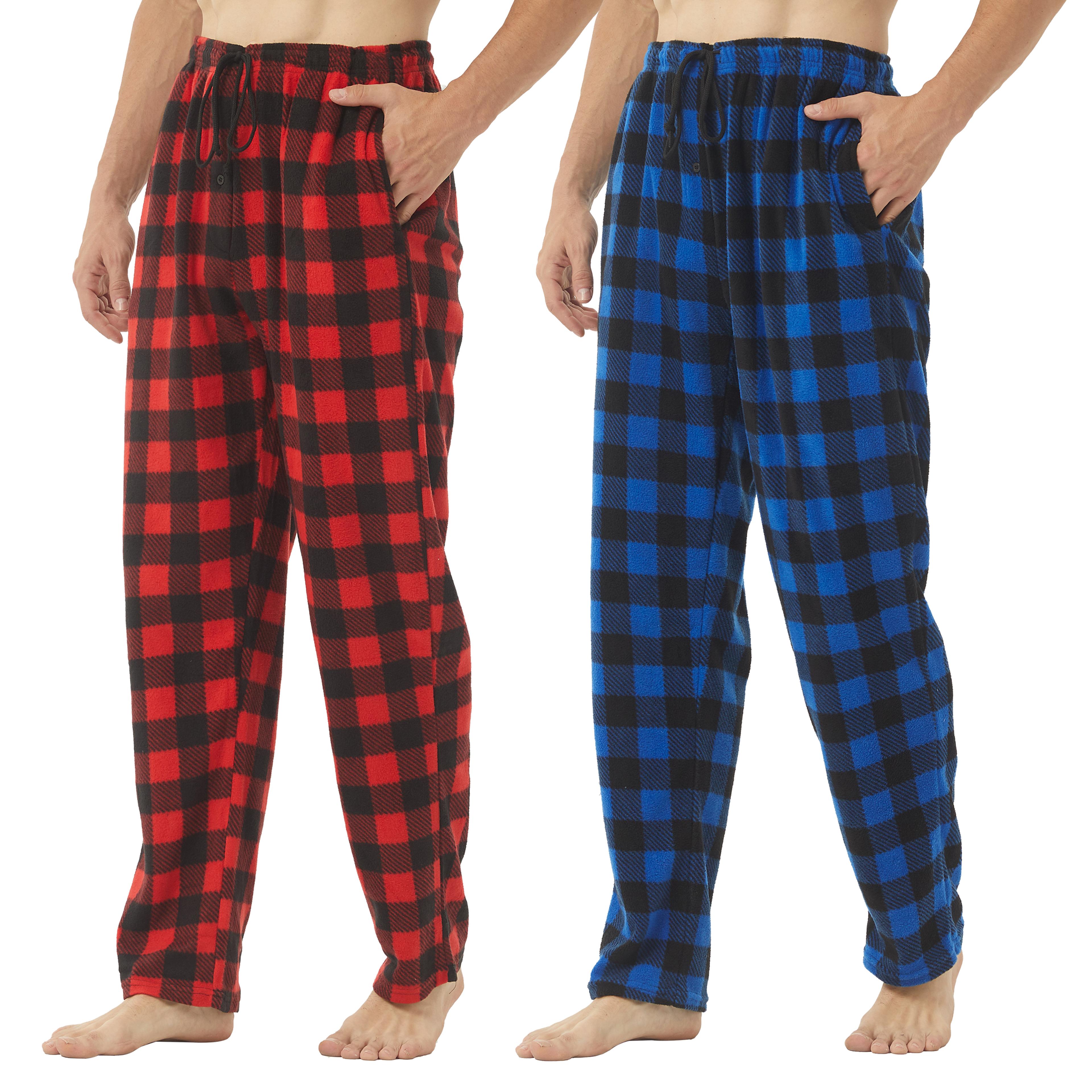 men's fleece pajama pants, 2 pack plaid sleep pants, with pockets, soft warm loungewear