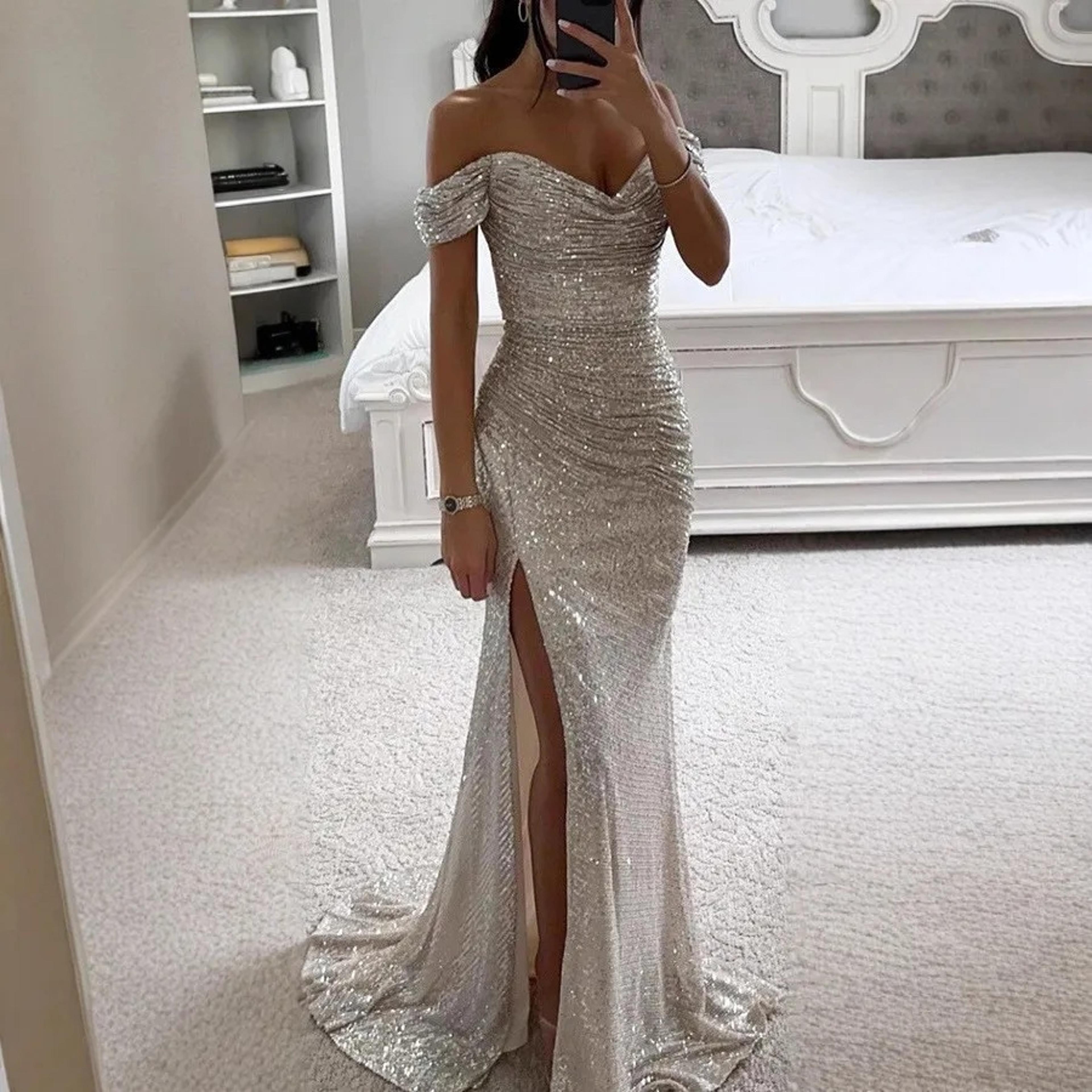 Womens One Shoulder Maxi Dress Casual Chic Party Wear Sexy Slit Regular Waistline No Sleeve 4
