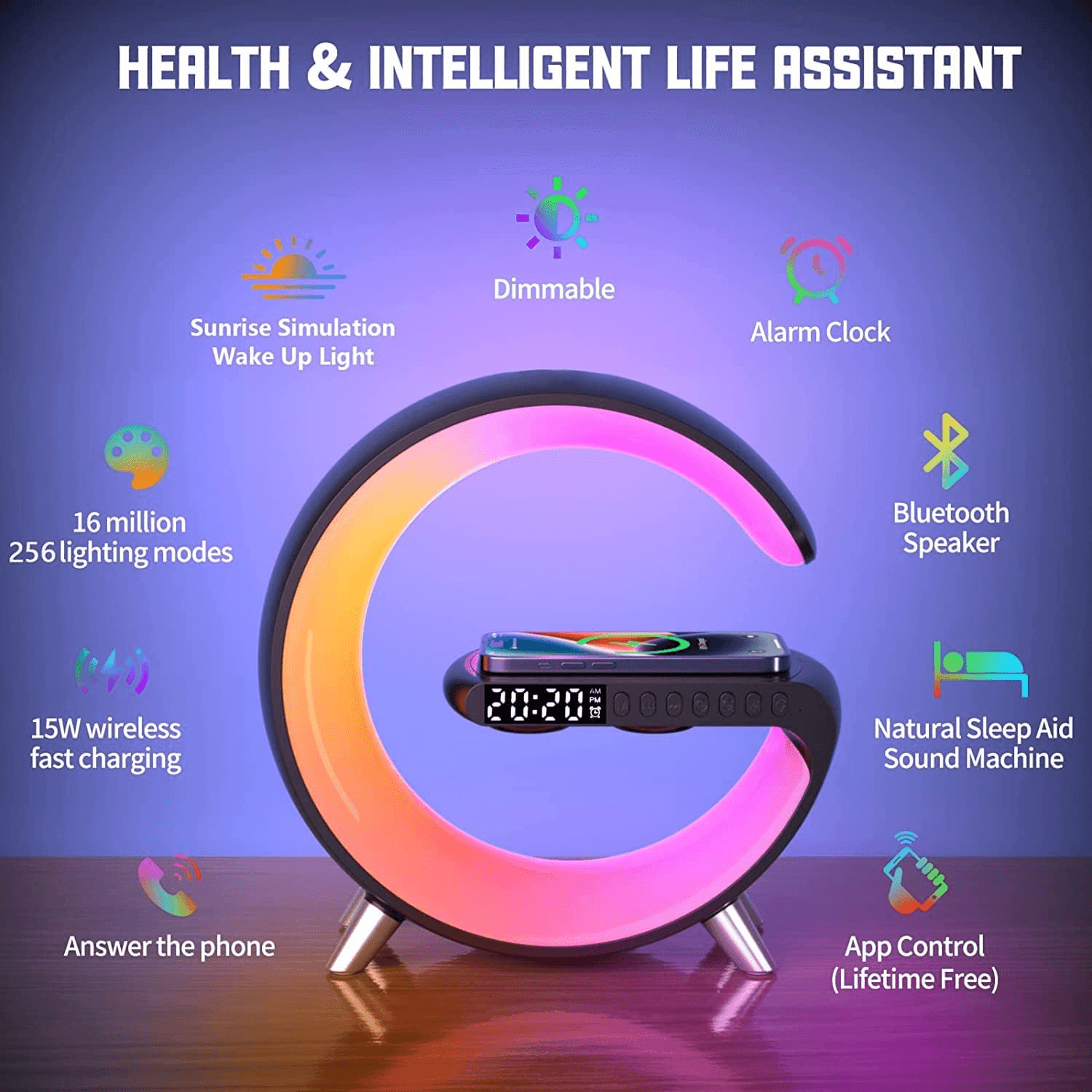 WakeUp Light Alarm Clock With RGB Wireless Charger  Bluetooth Speaker 3