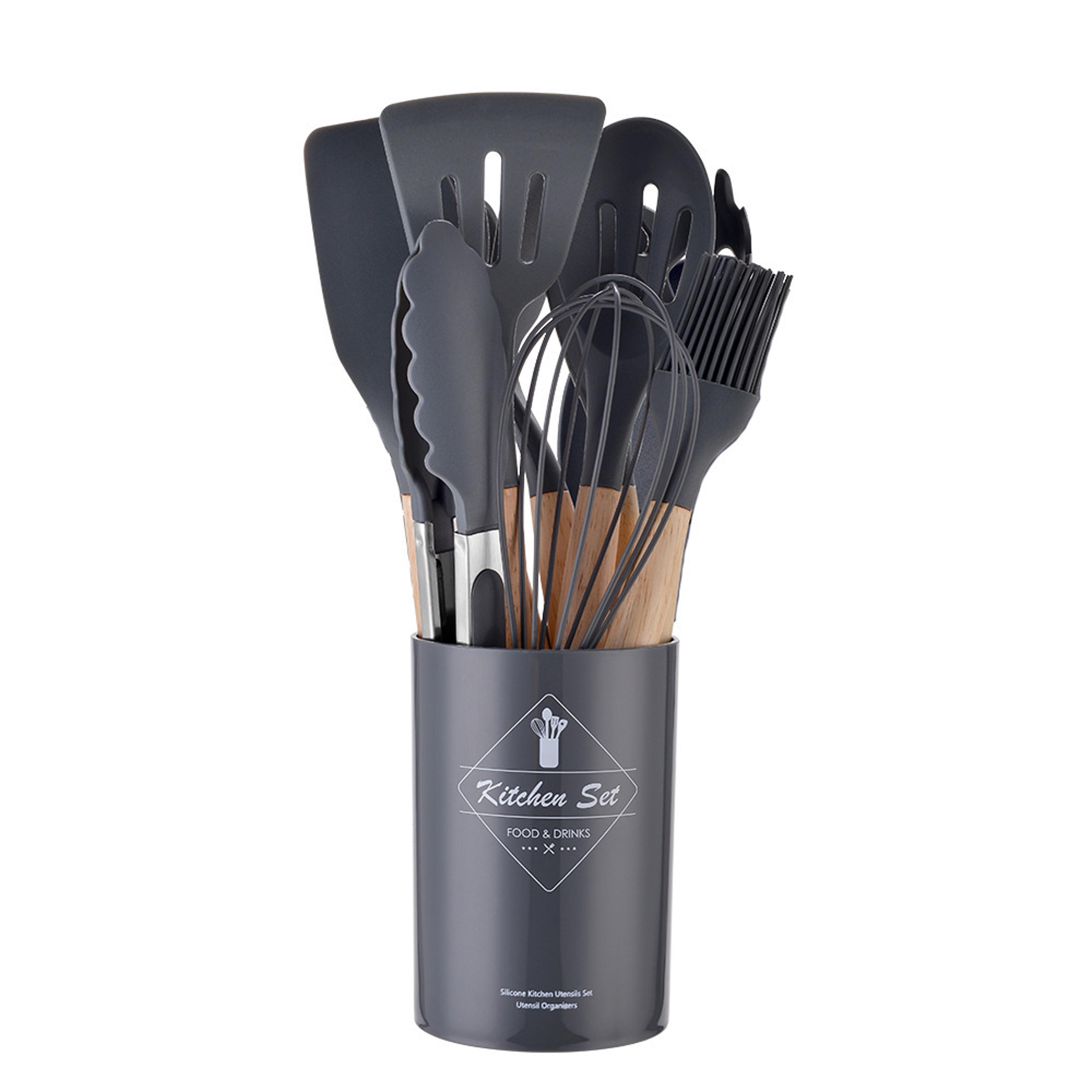 Premium Silicone Kitchen Utensil Set With Wooden Handles Heat Resistant Non Stick Cookware Tools 7
