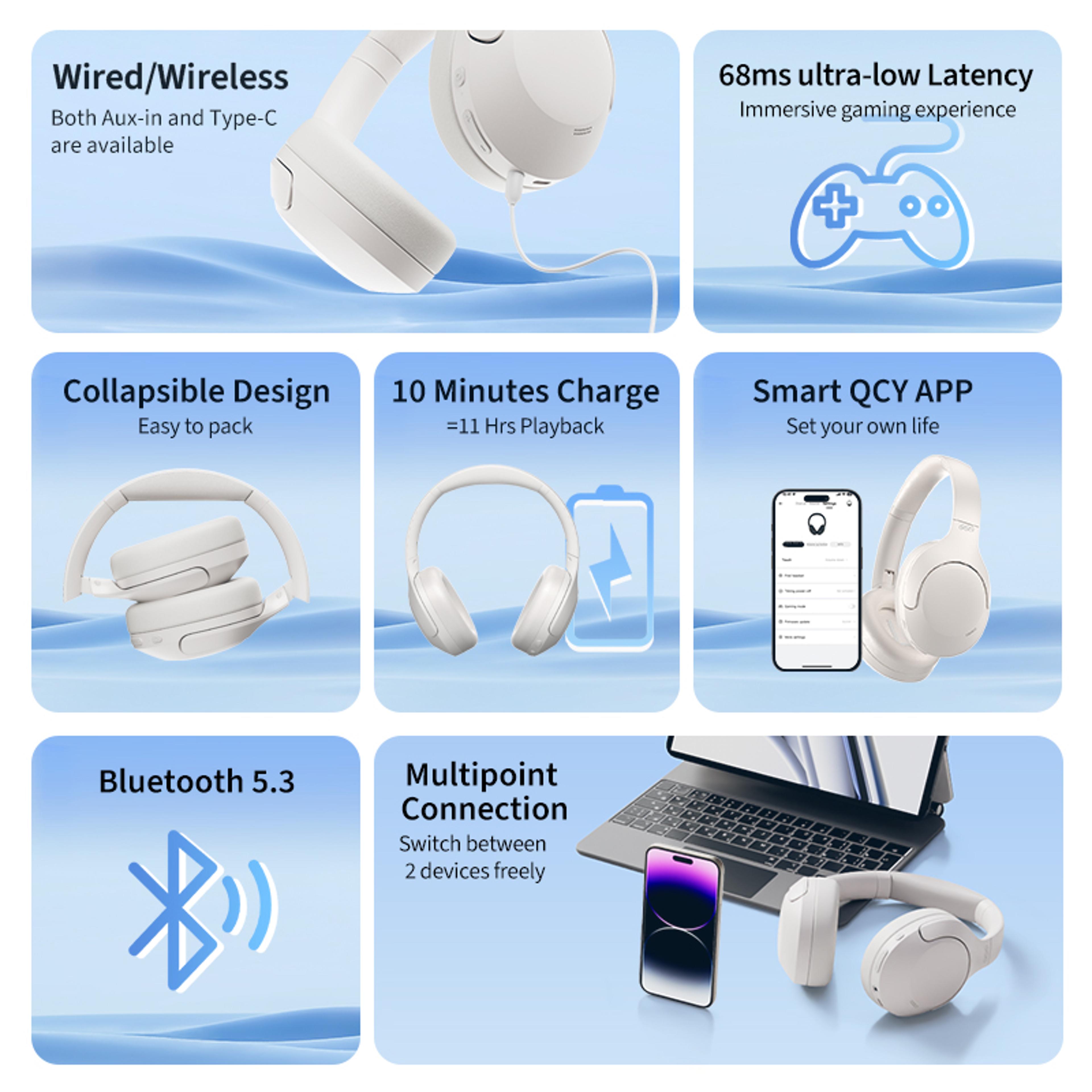 QCY Lite ANC Wireless Over Ear Bluetooth Headphones Playtime Noise Cancelling Headset 4