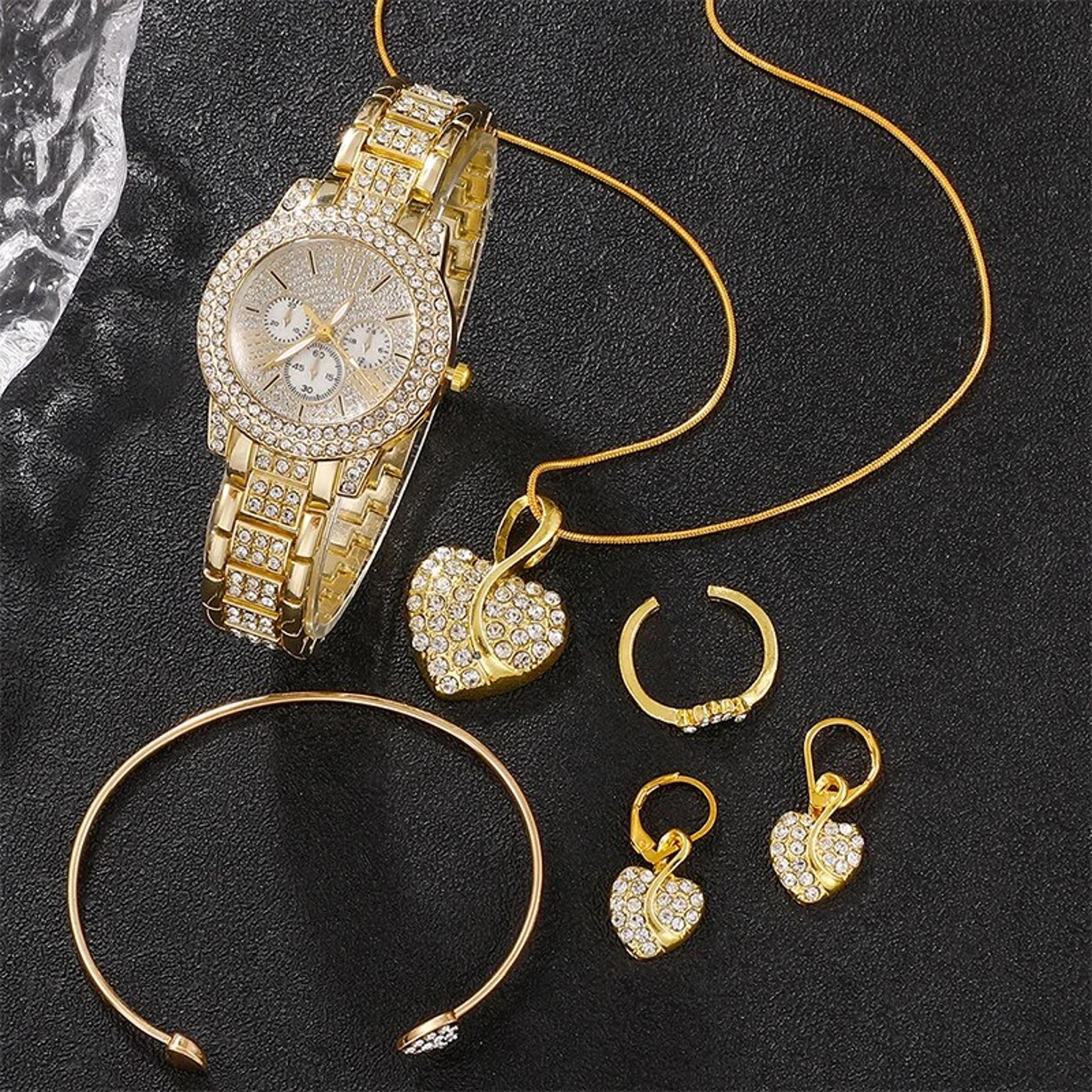 Gold Luxe Women Watch  Jewelry Gift Set Luxury Watch Set Necklace Ring  Earrings 1