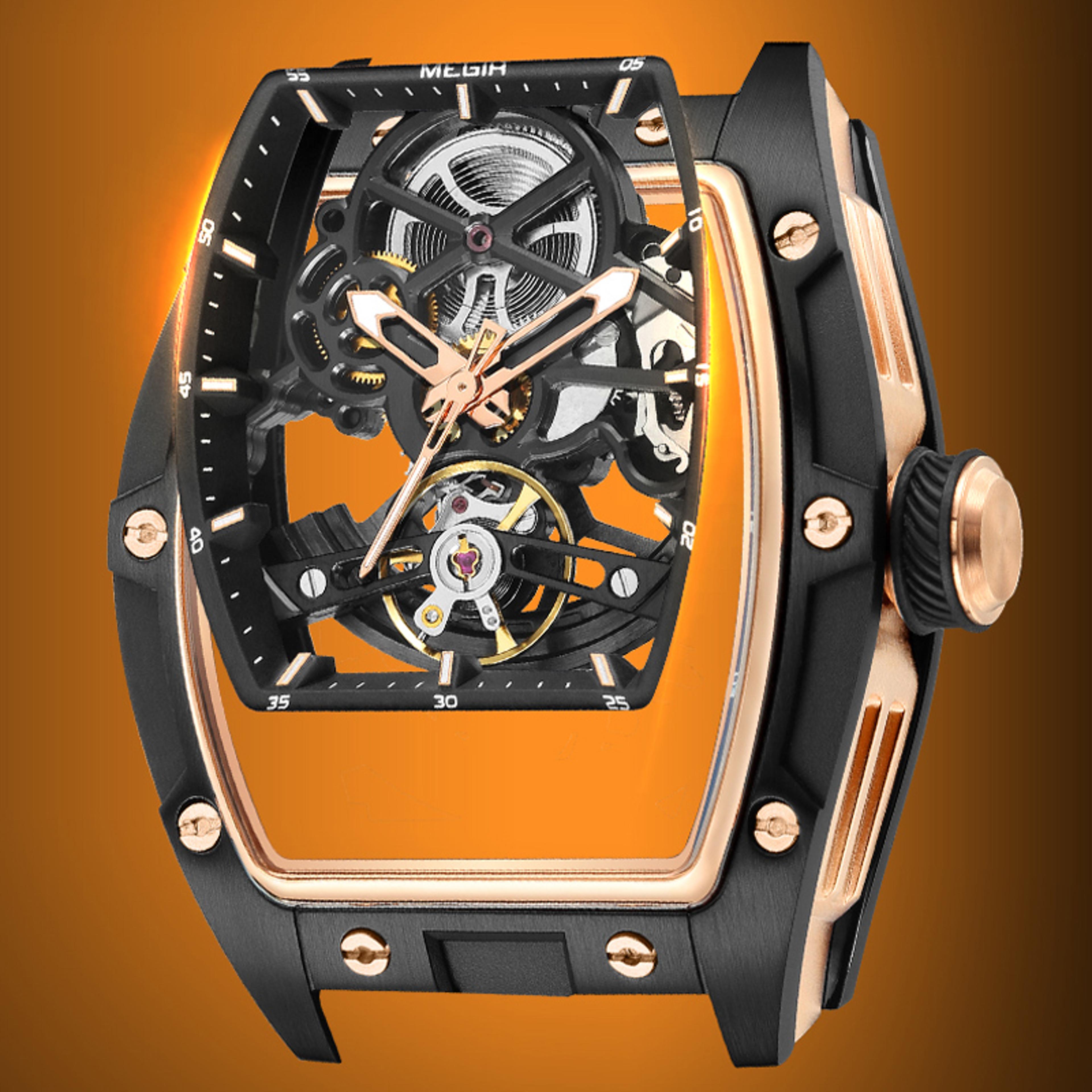 MEGIR Barrel Dial Automatic Mechanical Watch For Men With Silicone Strap  Luminous Hands 4