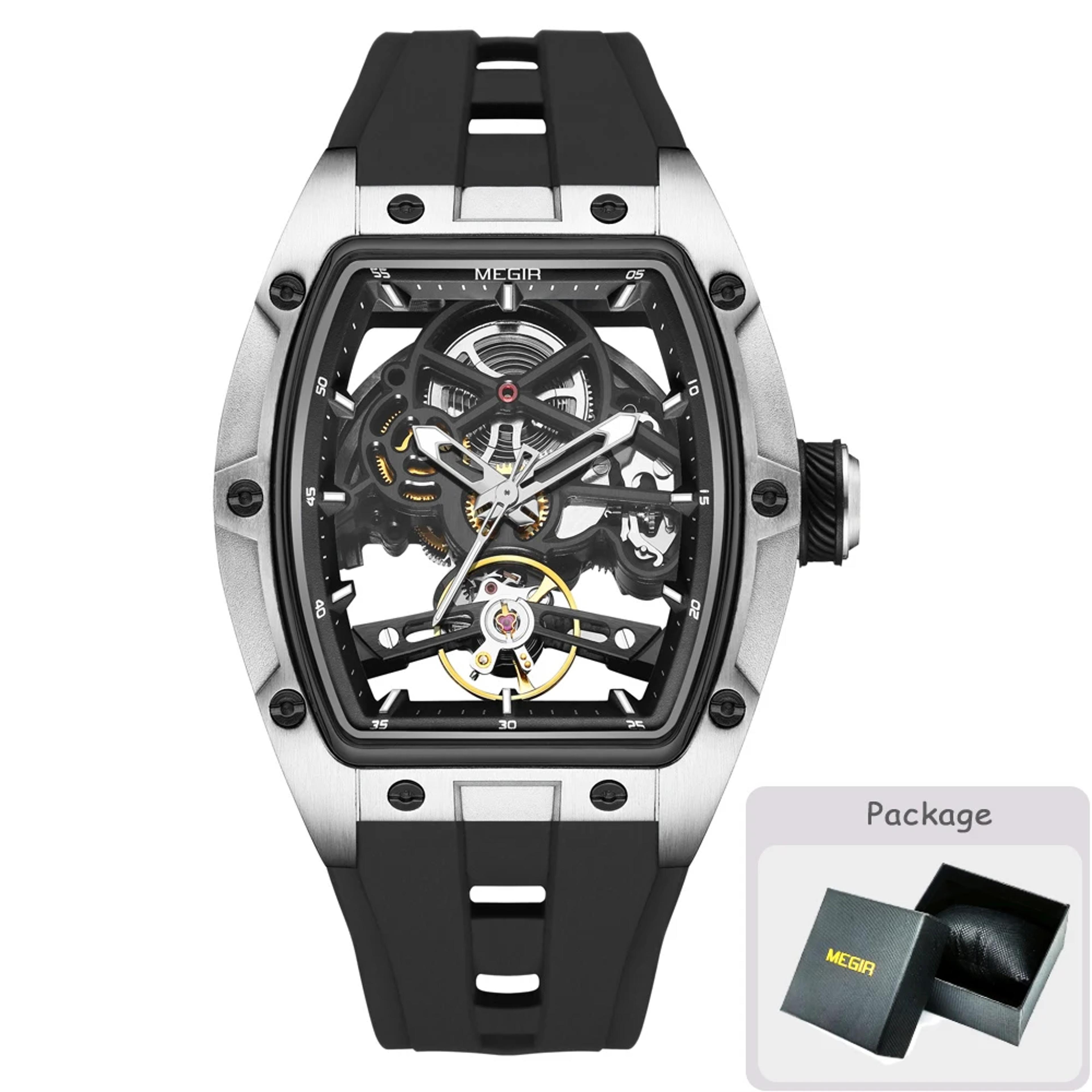 MEGIR Barrel Dial Automatic Mechanical Watch For Men With Silicone Strap  Luminous Hands 6