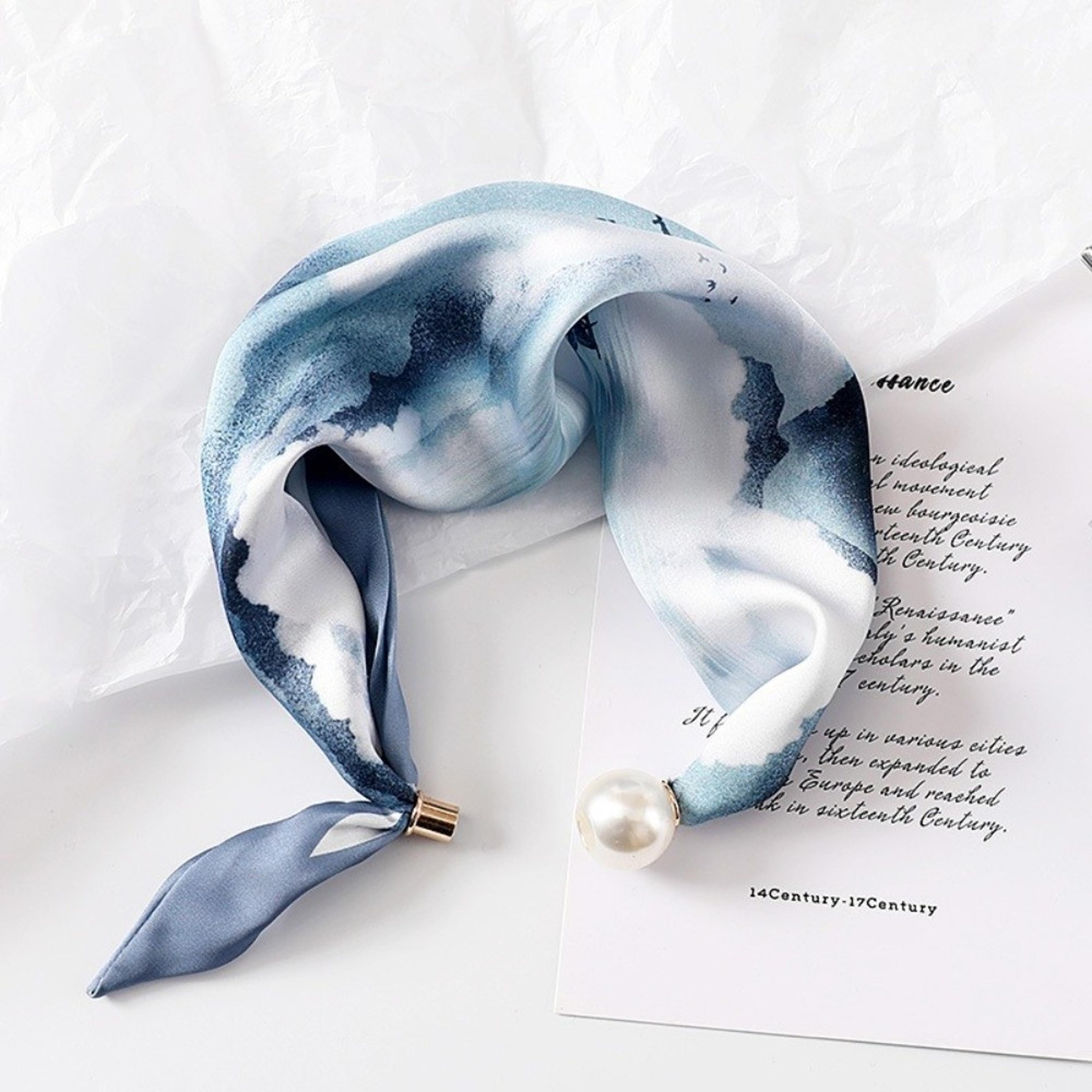 Elegant Silk Neck Scarf With Pearl Buckle For Women Lightweight Printed Neckerchief 13