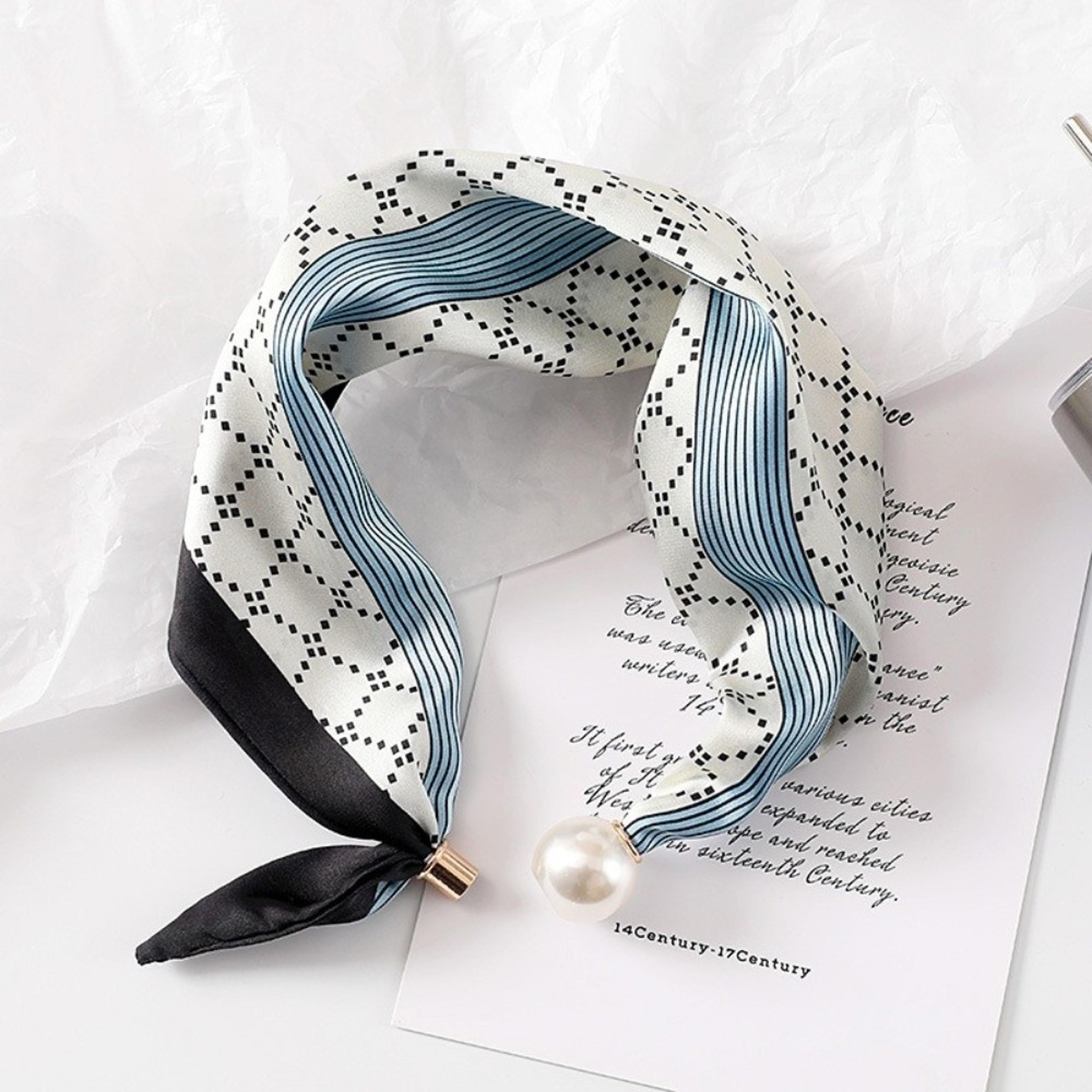 Elegant Silk Neck Scarf With Pearl Buckle For Women Lightweight Printed Neckerchief 15