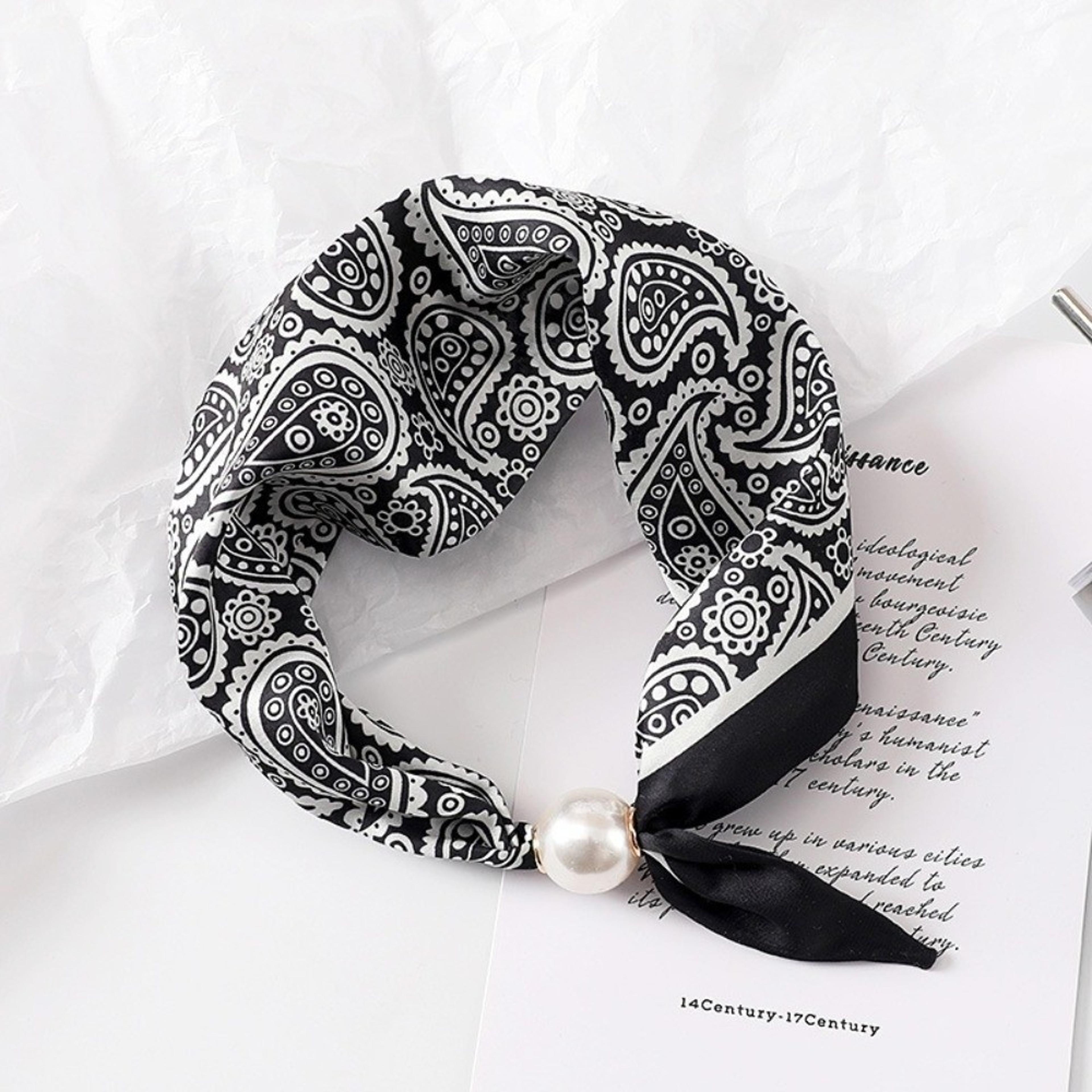 Elegant Silk Neck Scarf With Pearl Buckle For Women Lightweight Printed Neckerchief 14