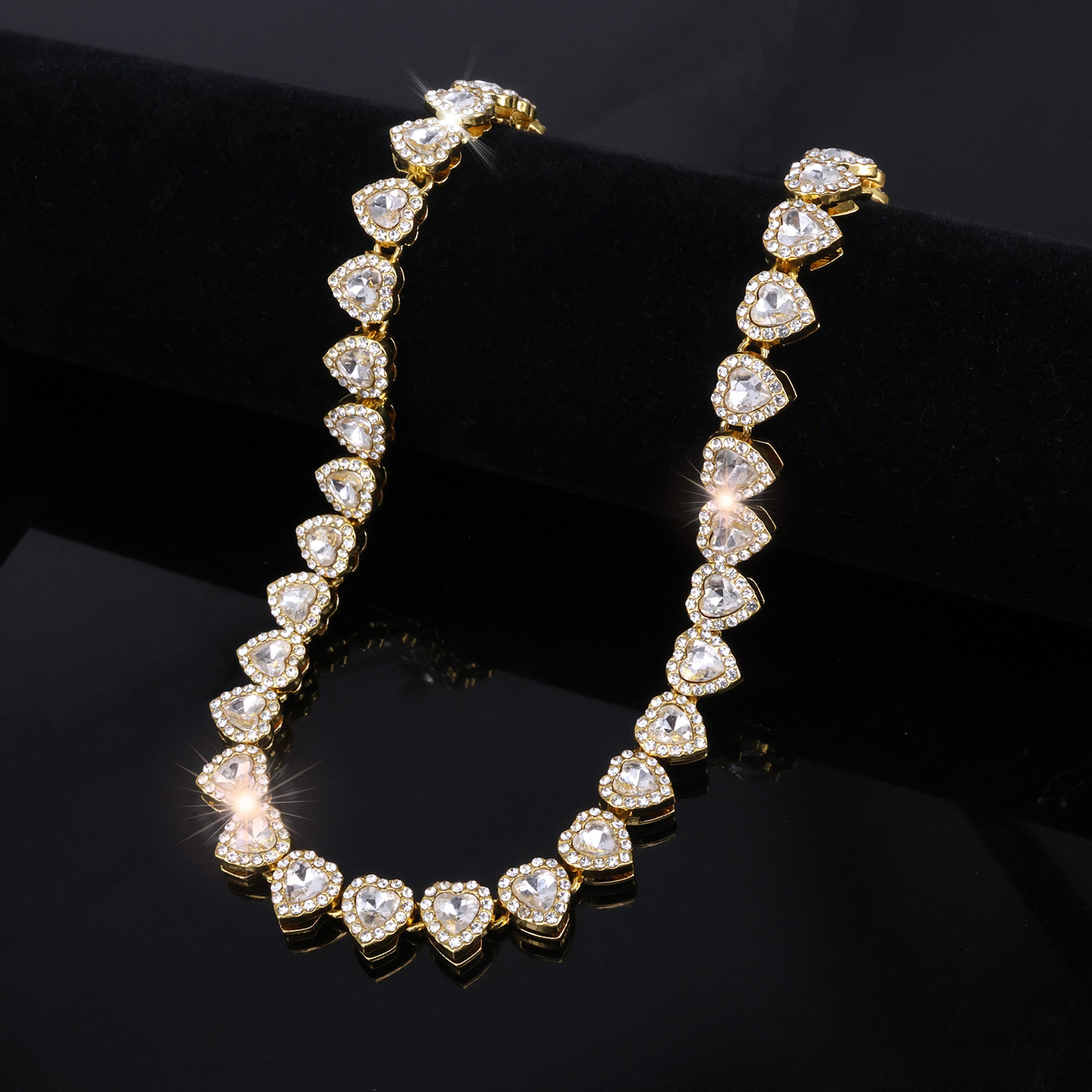 ZAKOL Heart Tennis Chain Necklace  Bracelet Set With CZ Rhinestones For Hip Hop Style 1